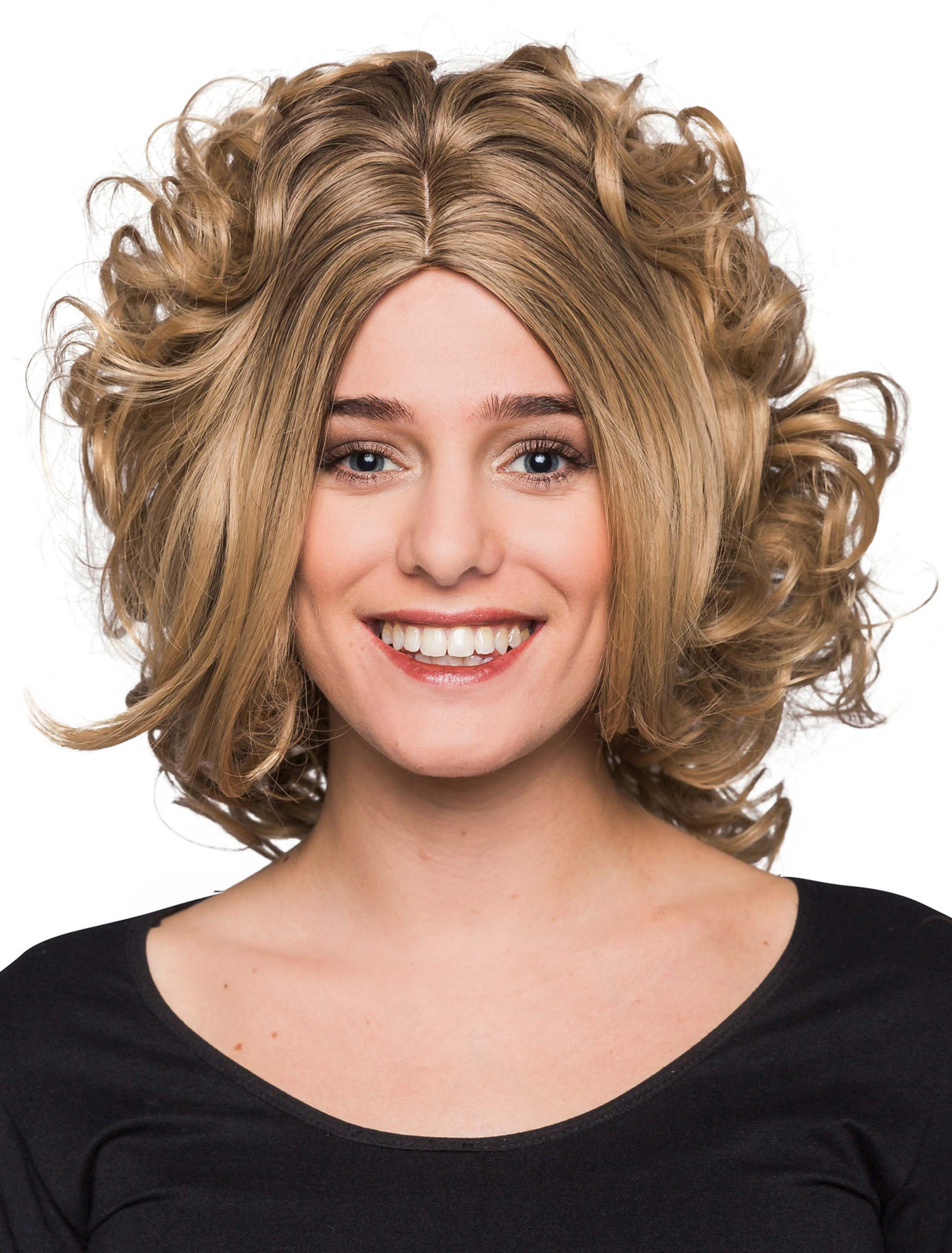 Perücke schulterlang lockig Pony blond