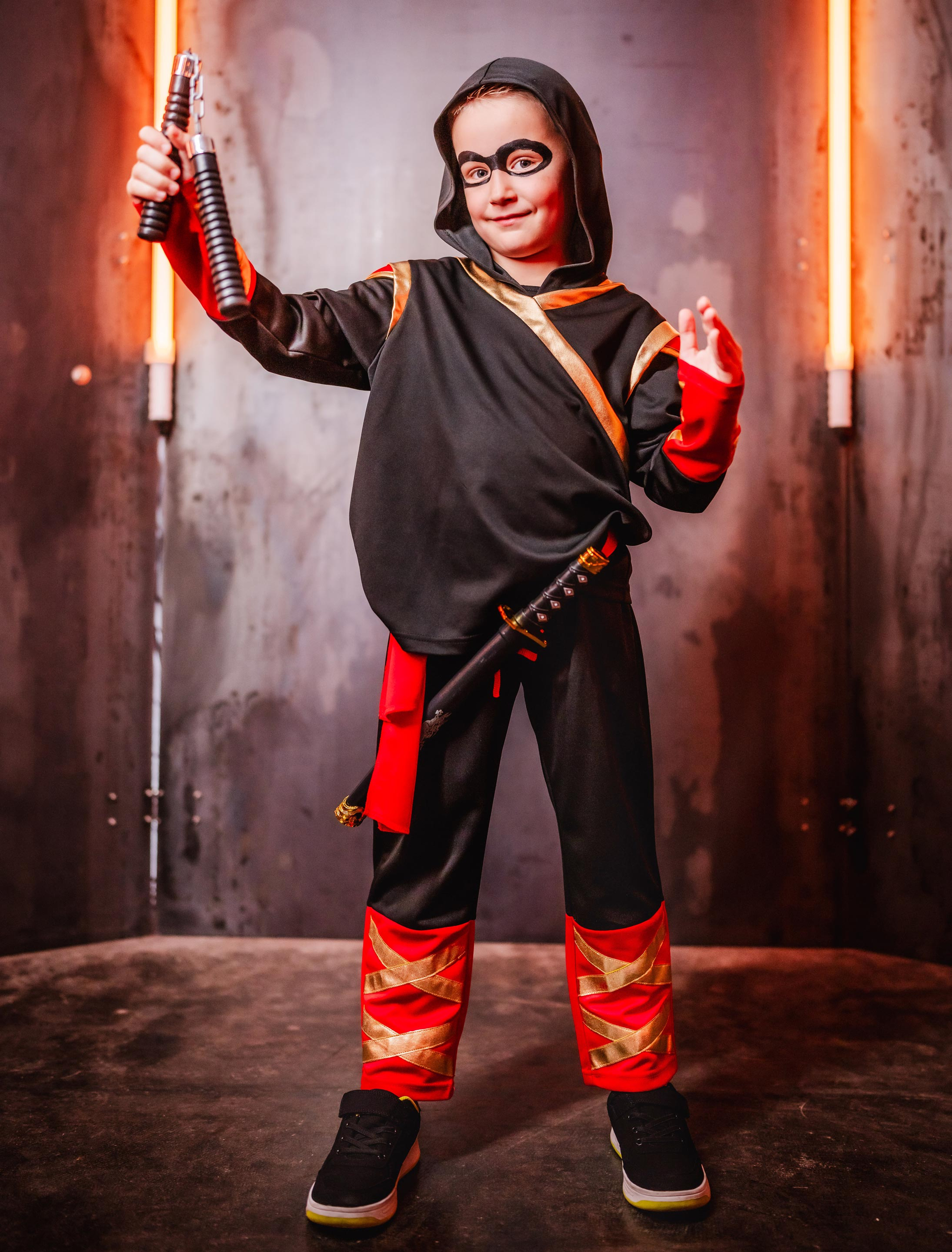 Kostüm Ninja 3-tlg. Kinder schwarz/rot/gold 128