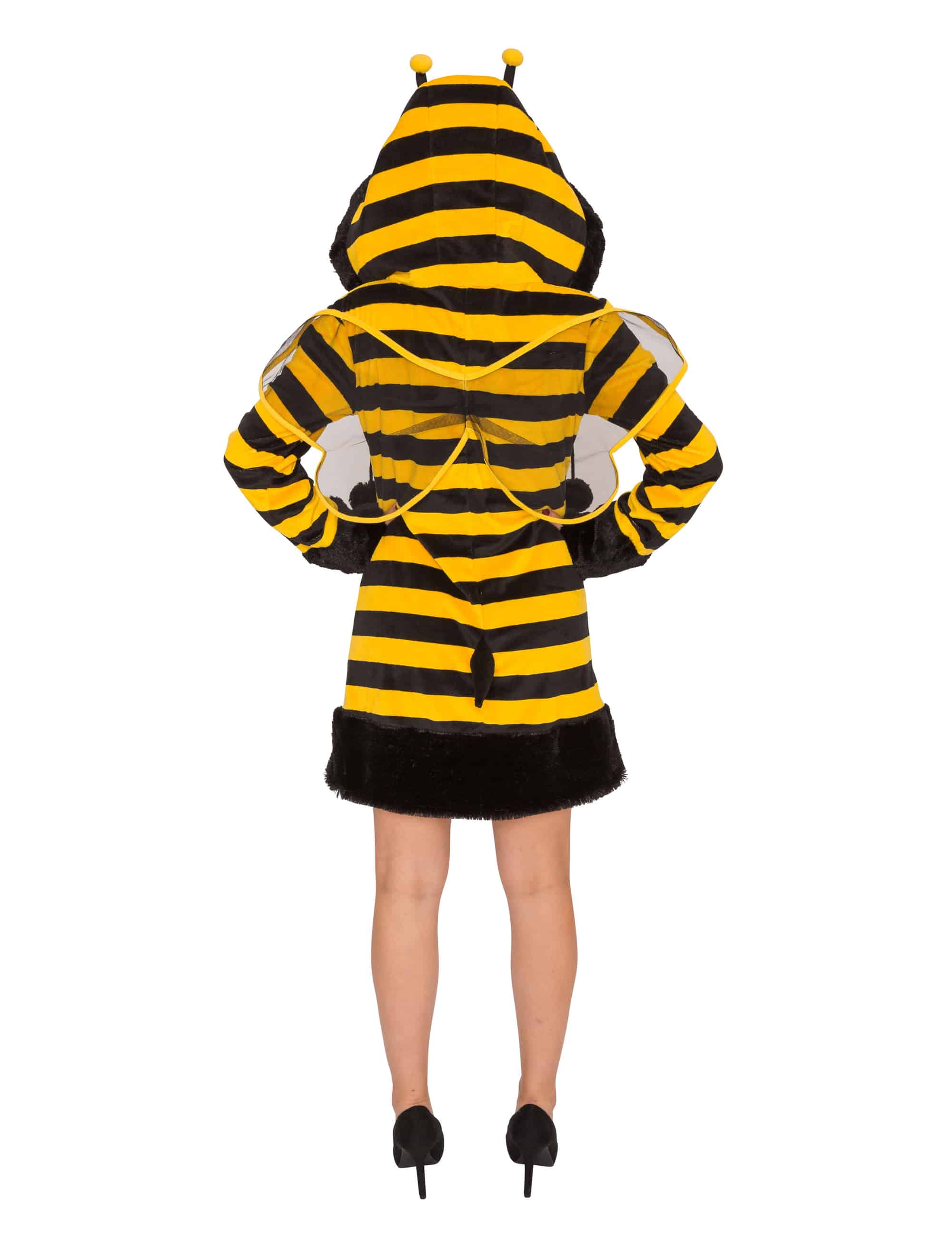 Kleid Plüsch Biene mit Kapuze Damen schwarz/gelb 34-36