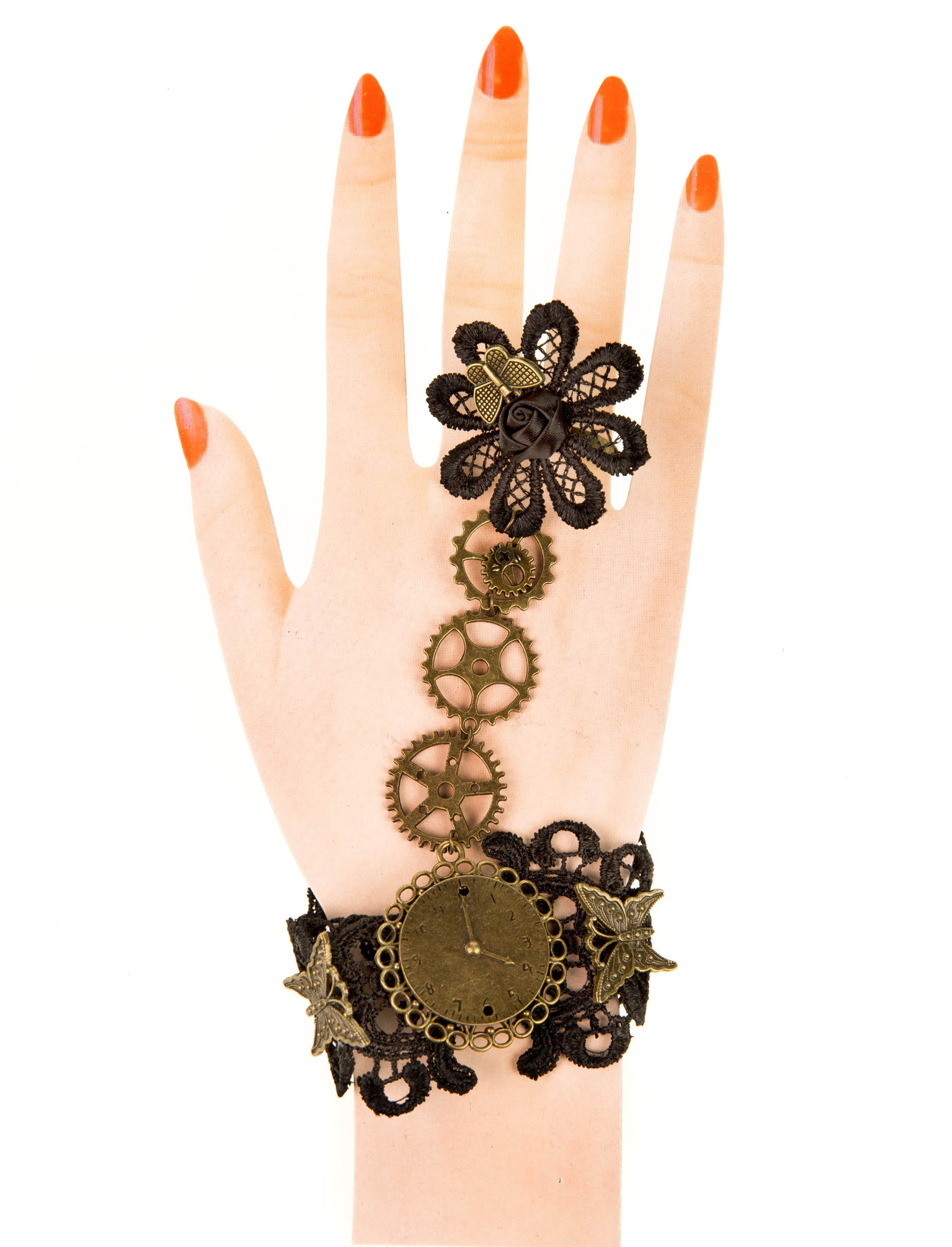 Handkette mit Schmetterling & Zahnrädern schwarz