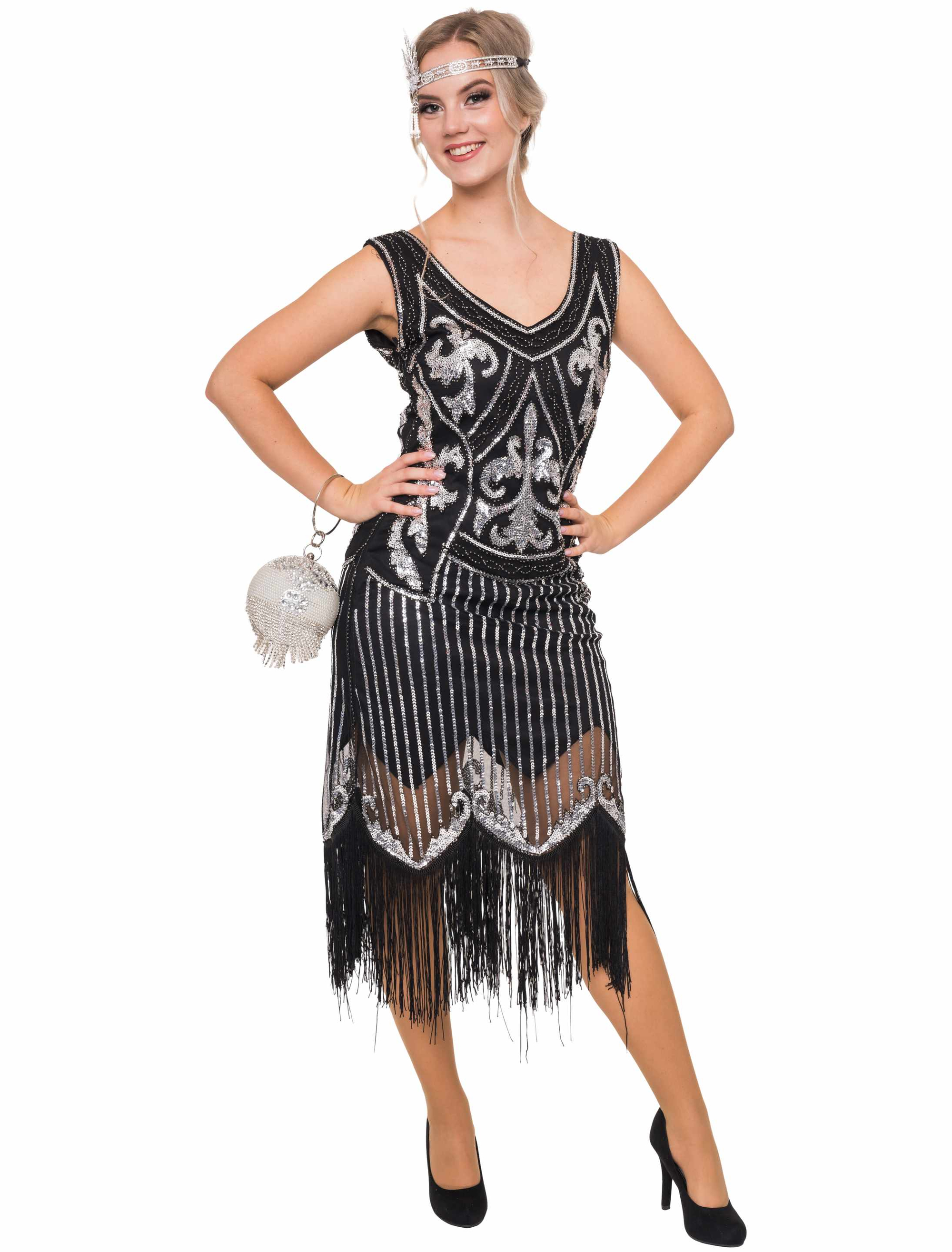 Kleid Charleston Damen schwarz/silber M