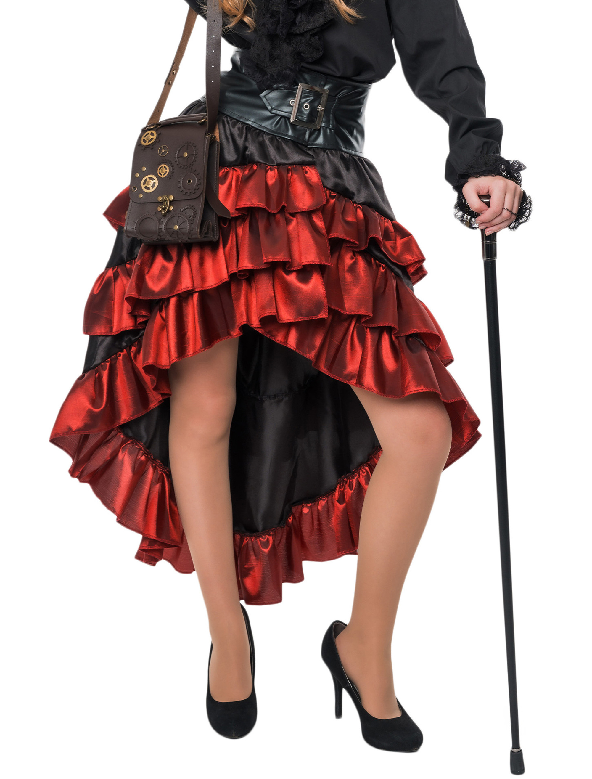 Rock Steampunk mit Schnalle Damen schwarz/weinrot S/M