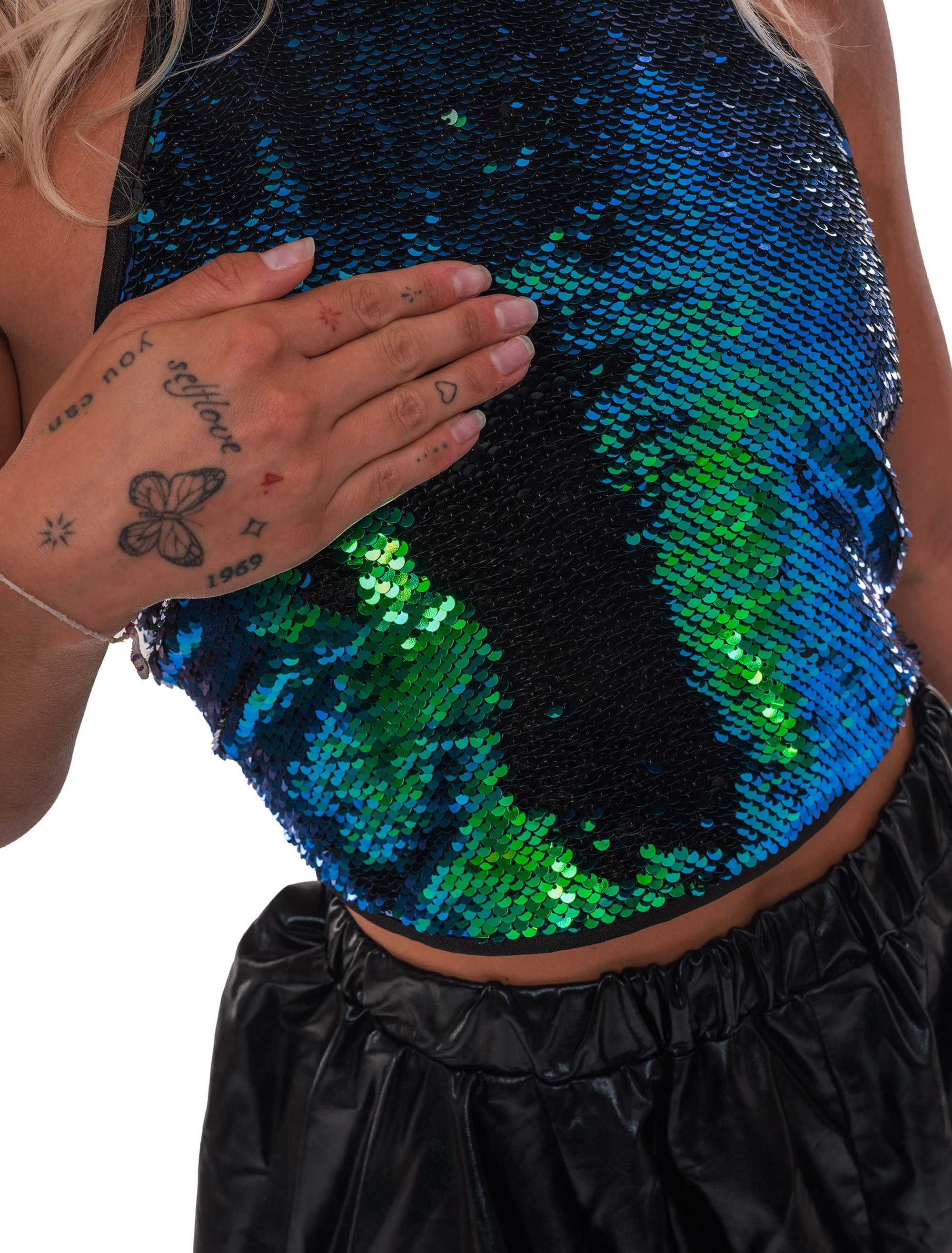 Crop Top Neckholder Wendepailletten Damen schwarz/grün one size
