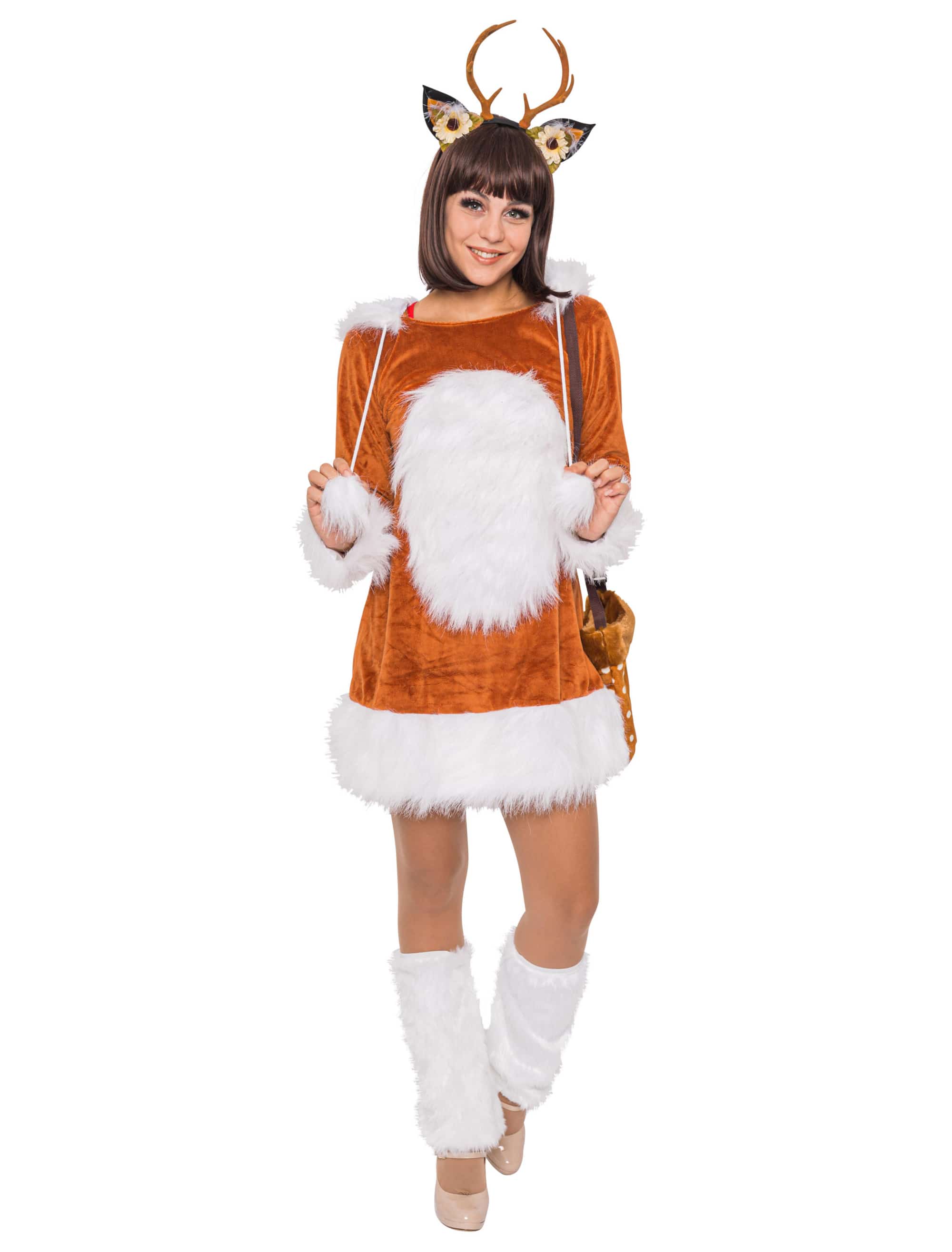 Kleid Reh Plüsch Damen weiß/braun 38-40