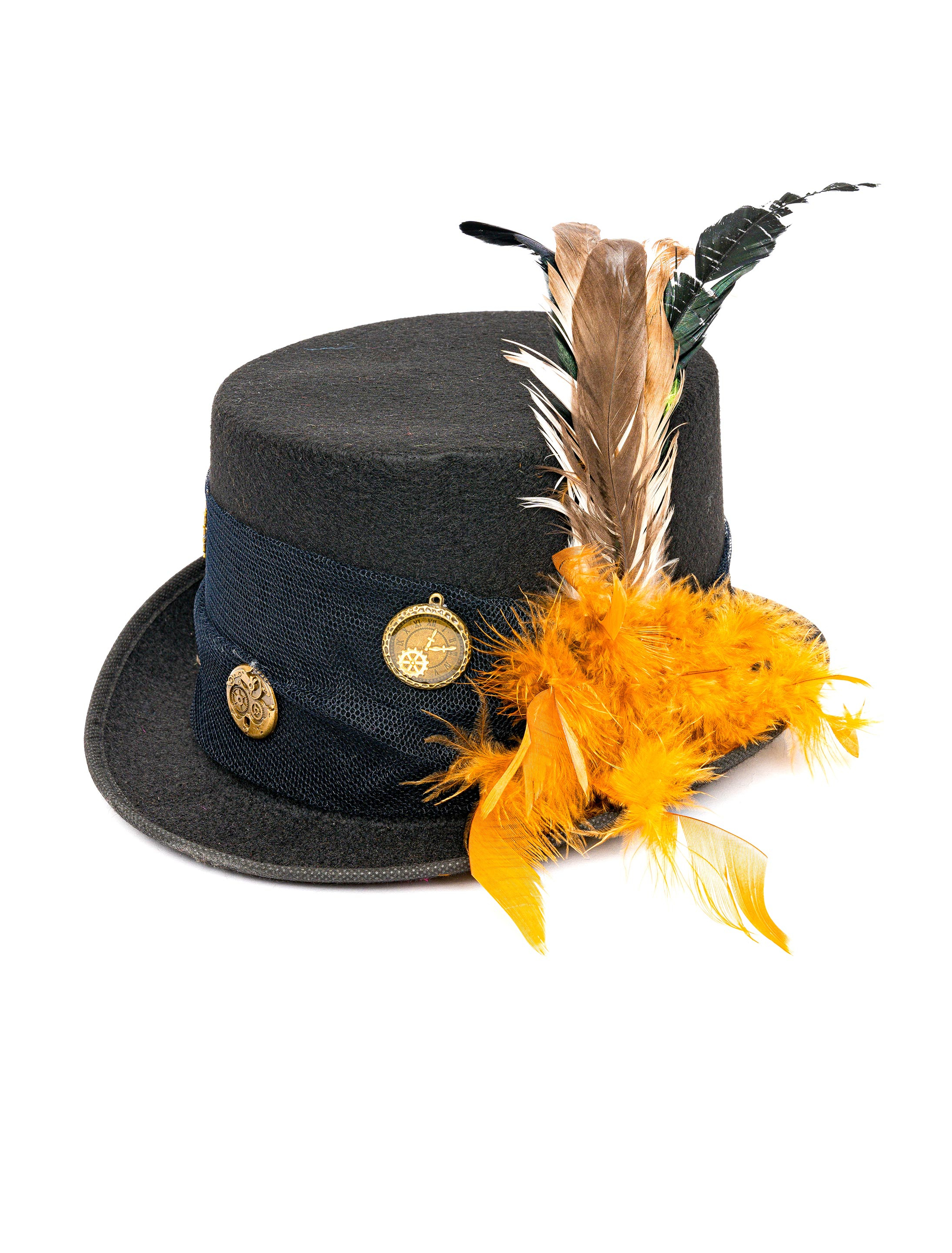 Zylinder Steampunk mit Federn und Zahnrädern schwarz 57