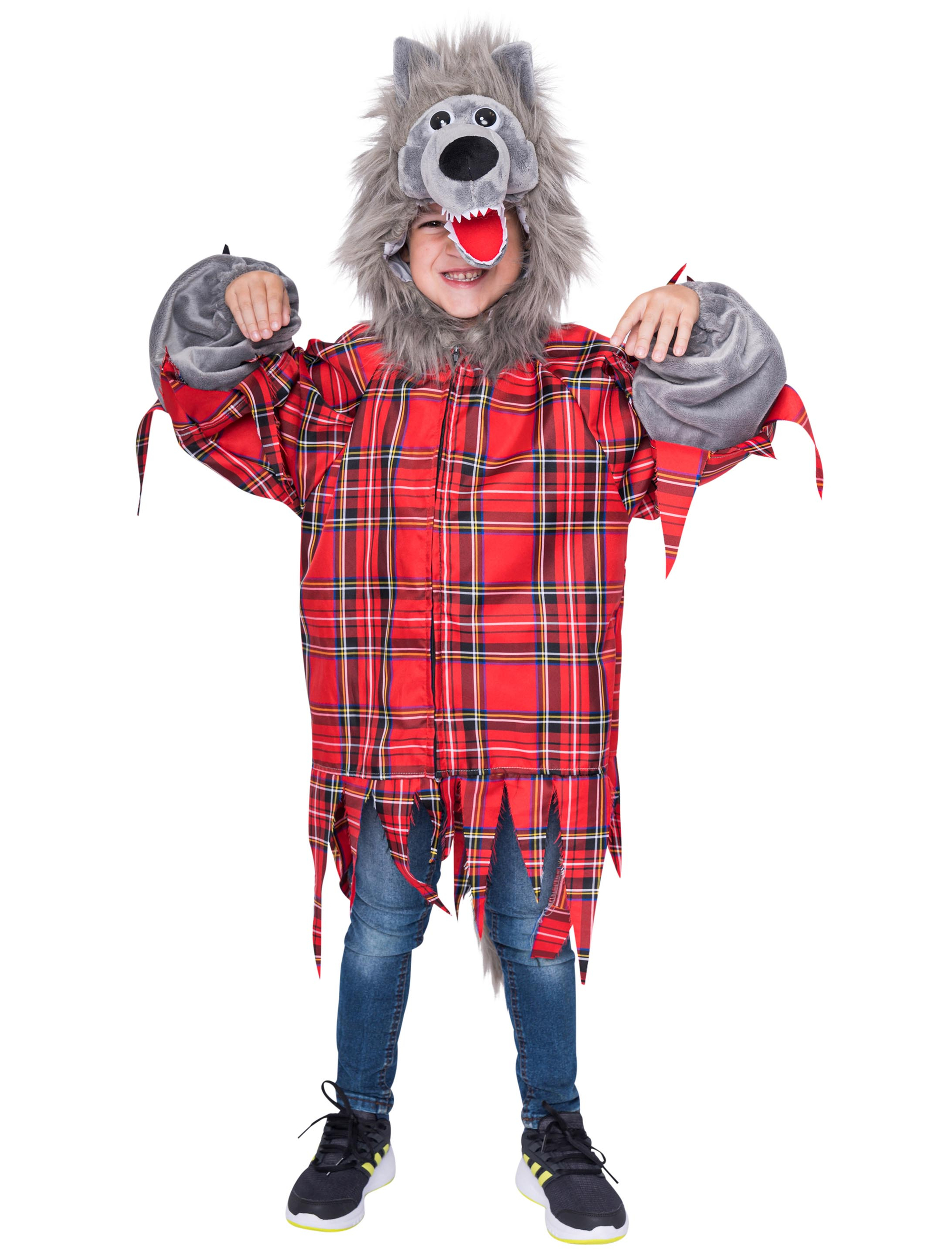 Oberteil Plüsch Werwolf kariert Kinder rot/grau 140-164
