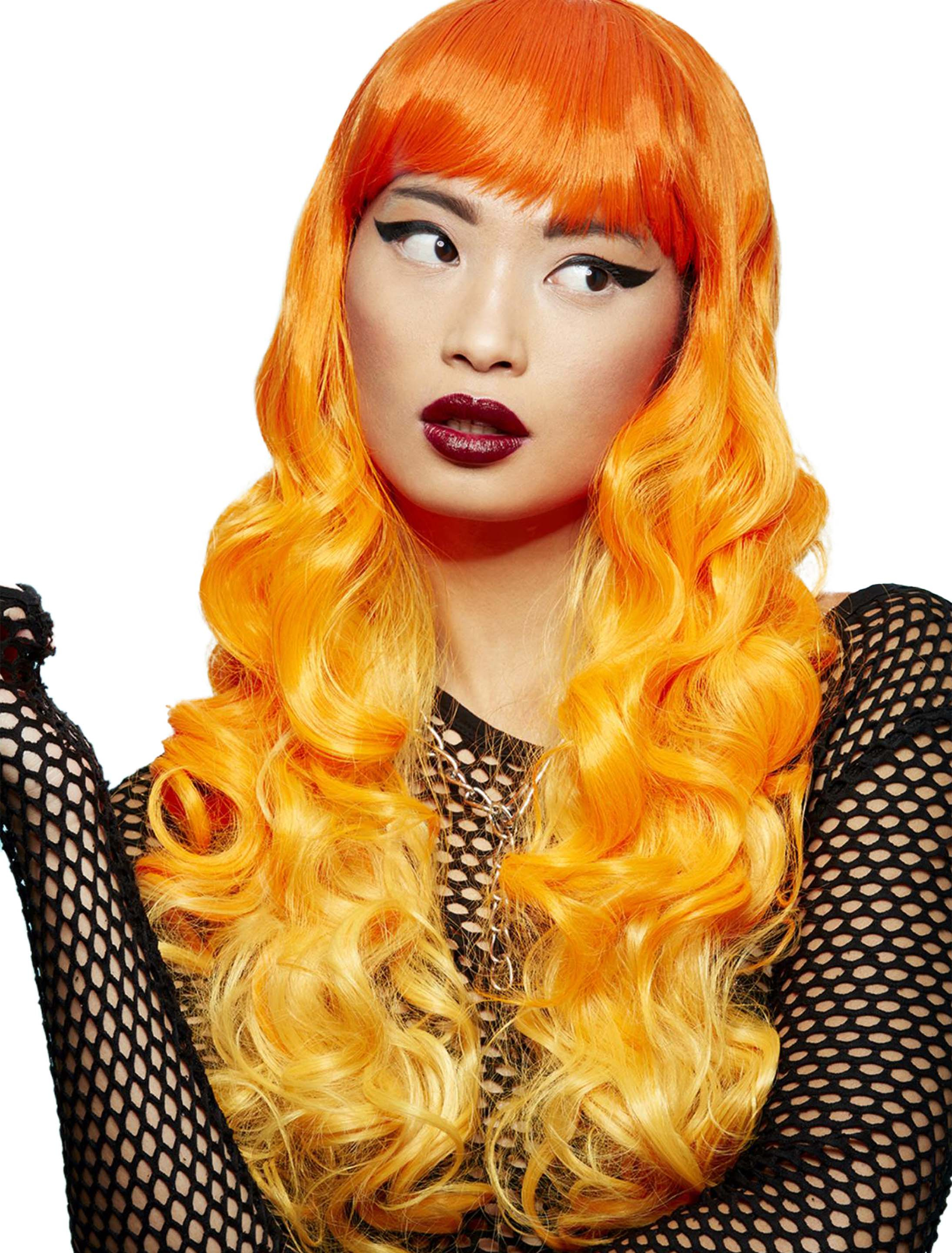 Perücke Langhaar lockig mit Pony orange