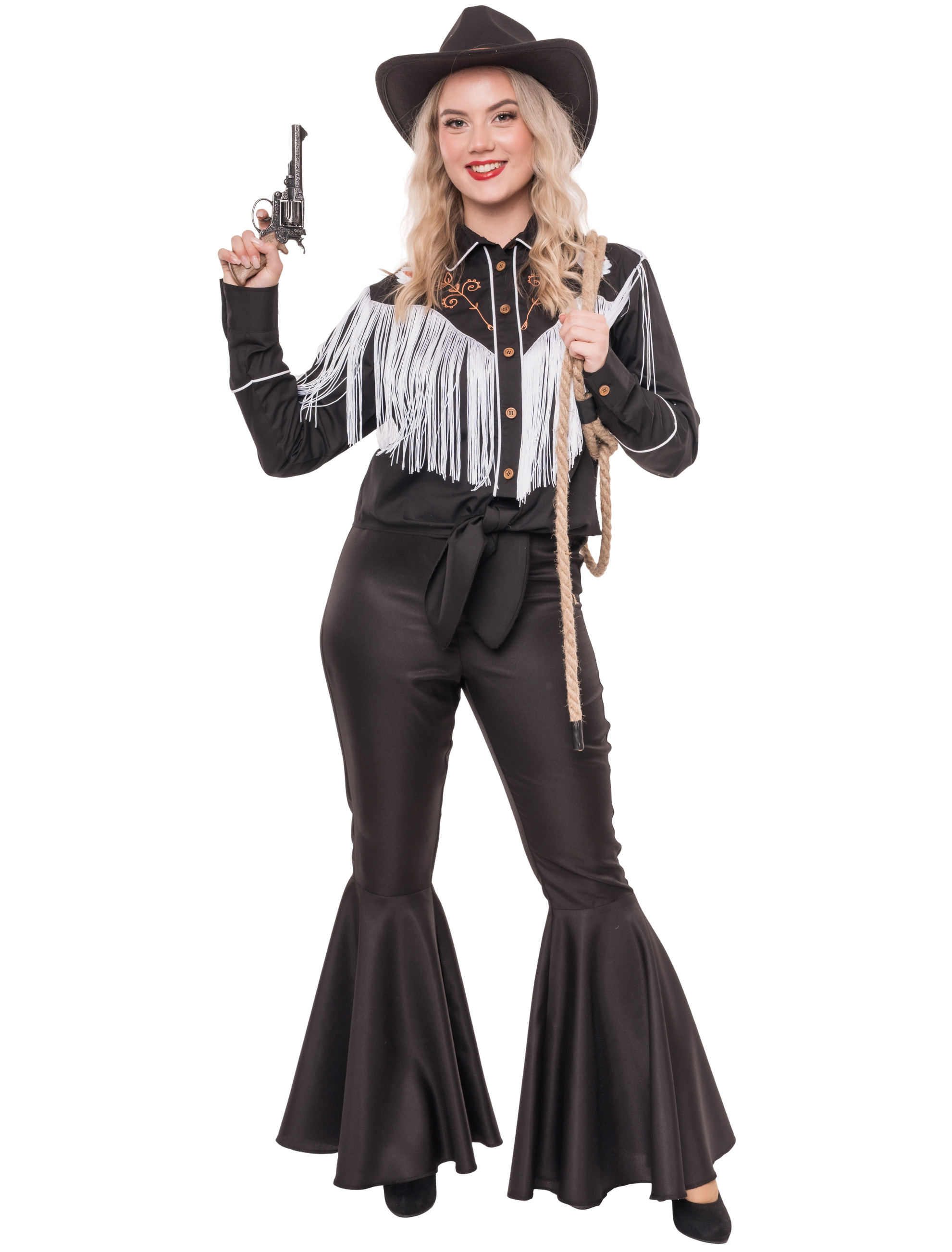 Bluse Cowgirl mit Fransen Damen schwarz/weiß S/M