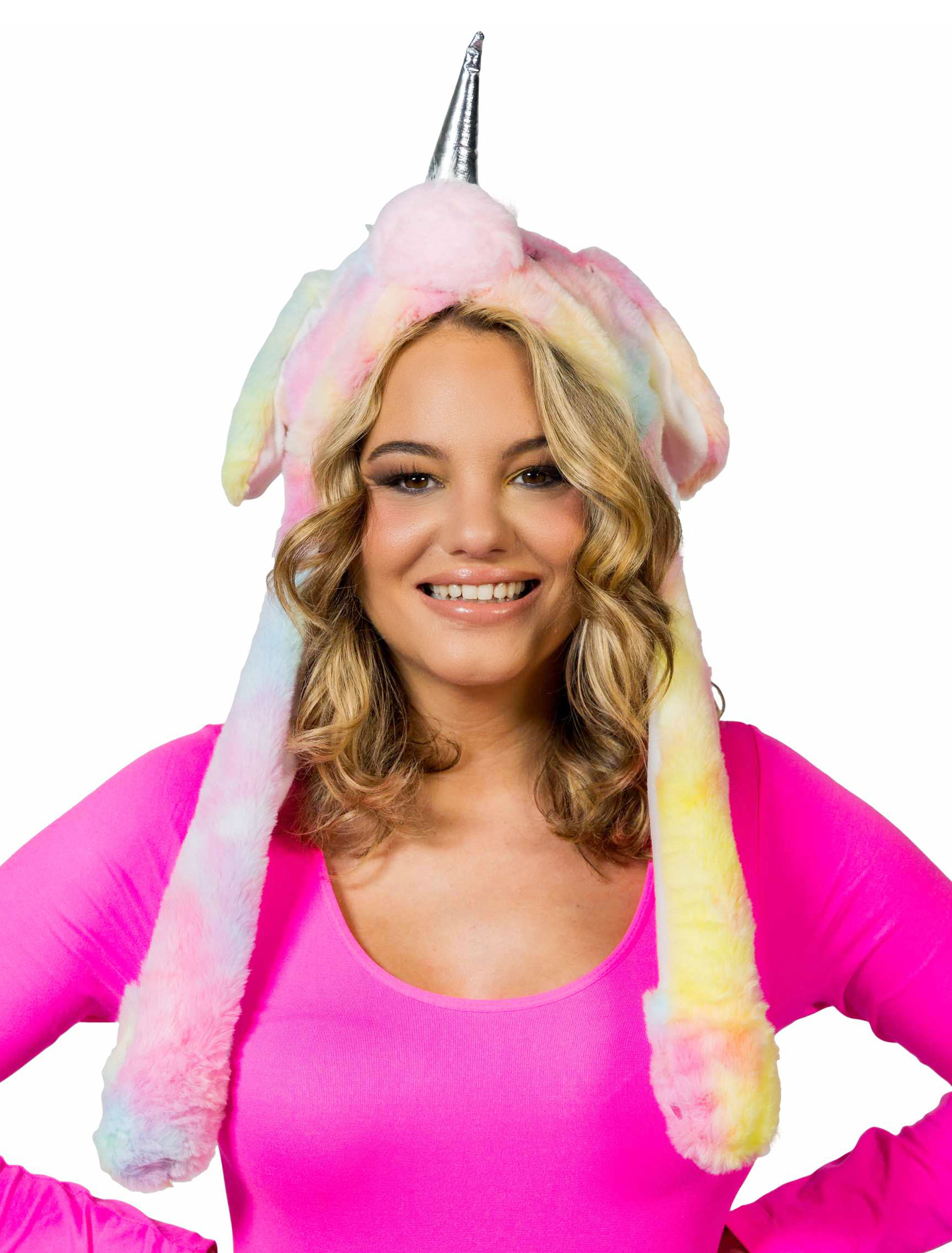 Mütze Plüsch Einhorn mit beweglichen Ohren bunt