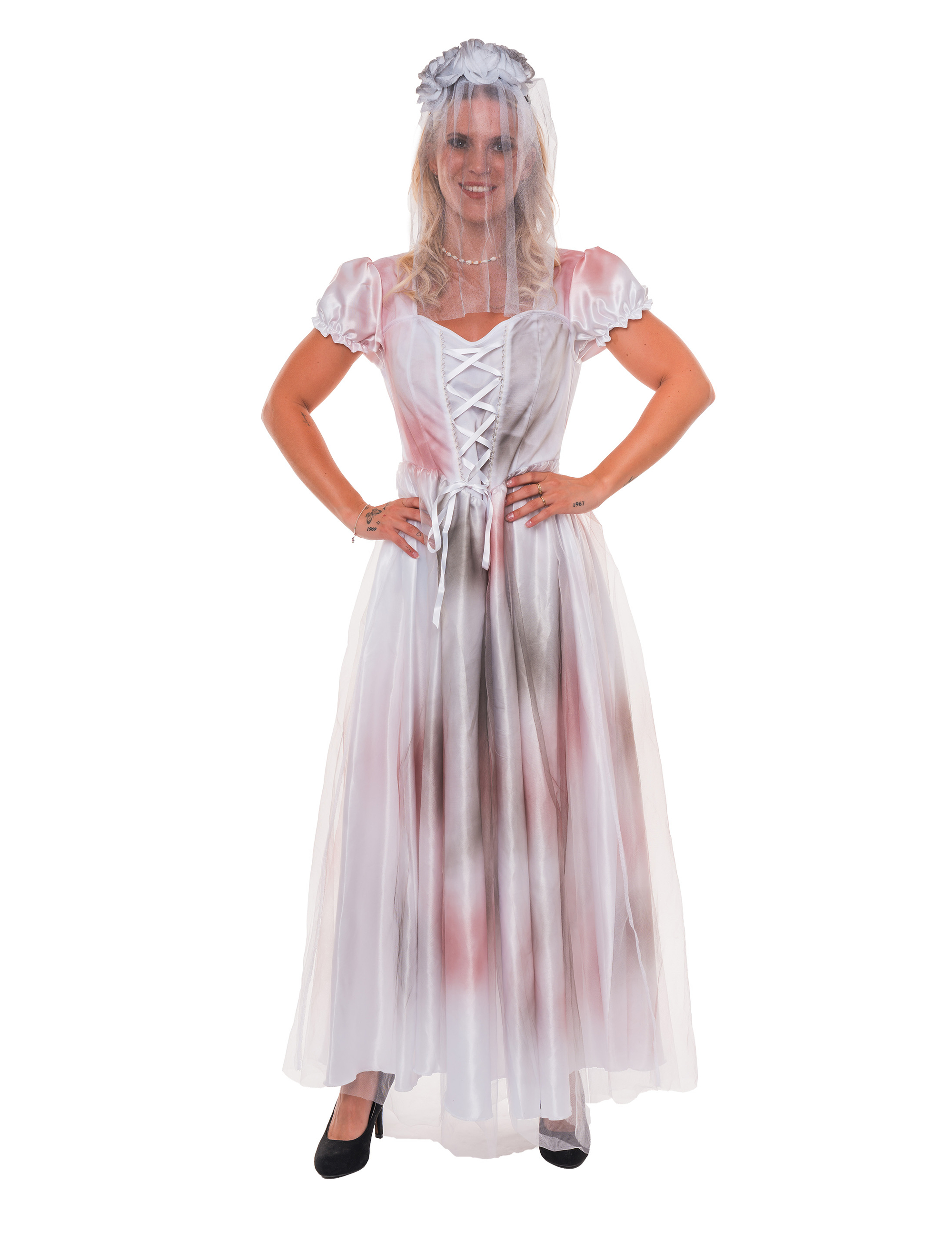 Kleid Zombiebraut Damen weiß/rot 2XS