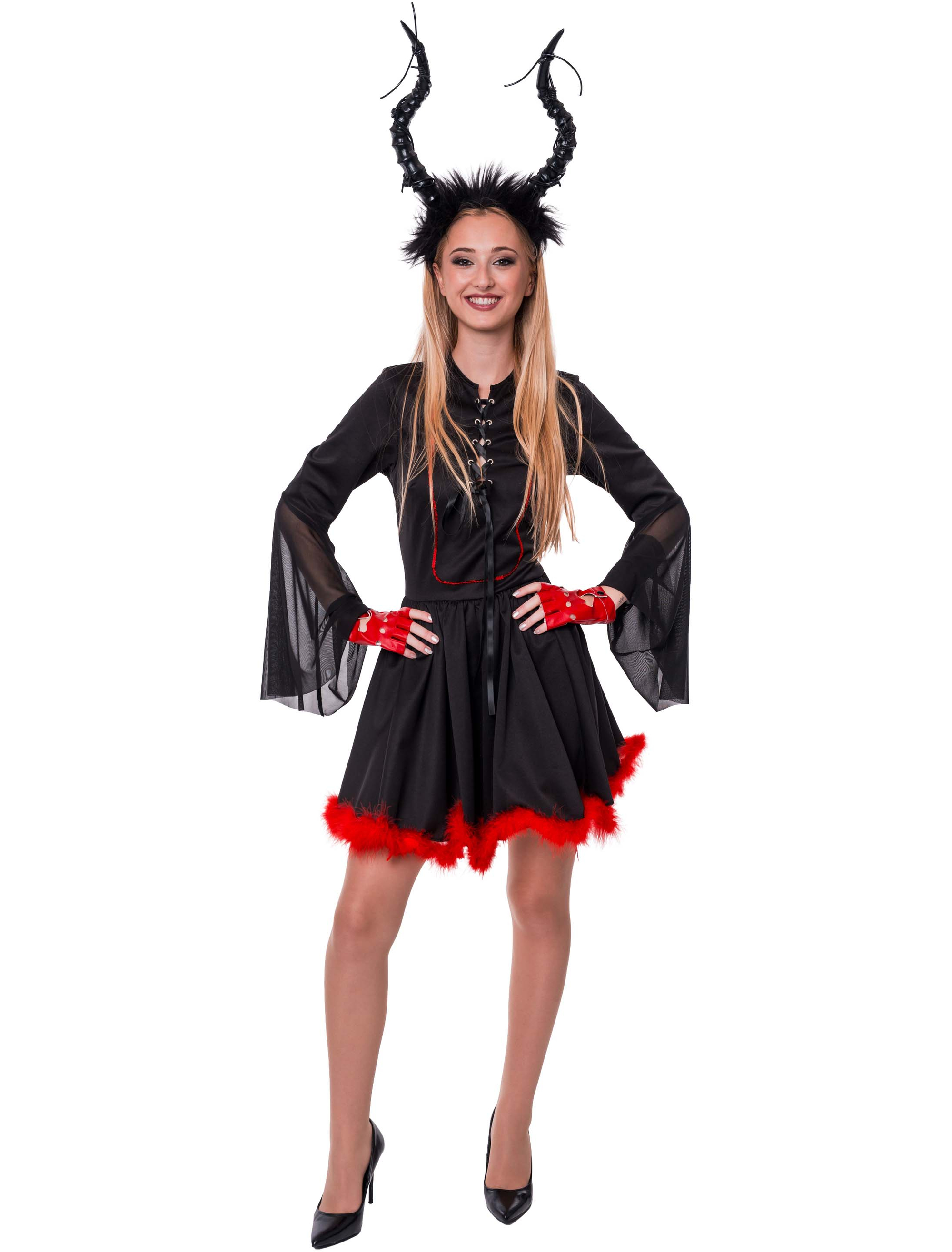 Kleid Teufel mit Schnürung und Marabu Damen schwarz/rot S