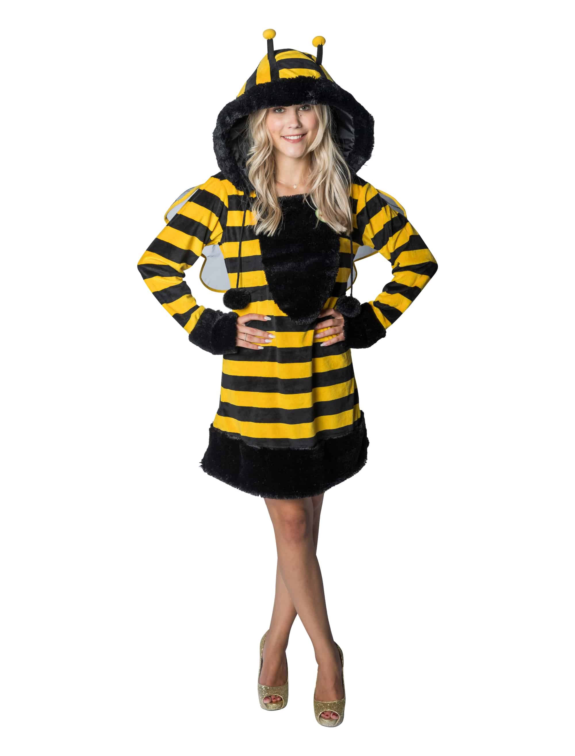 Kleid Plüsch Biene mit Kapuze Damen schwarz/gelb 42-44