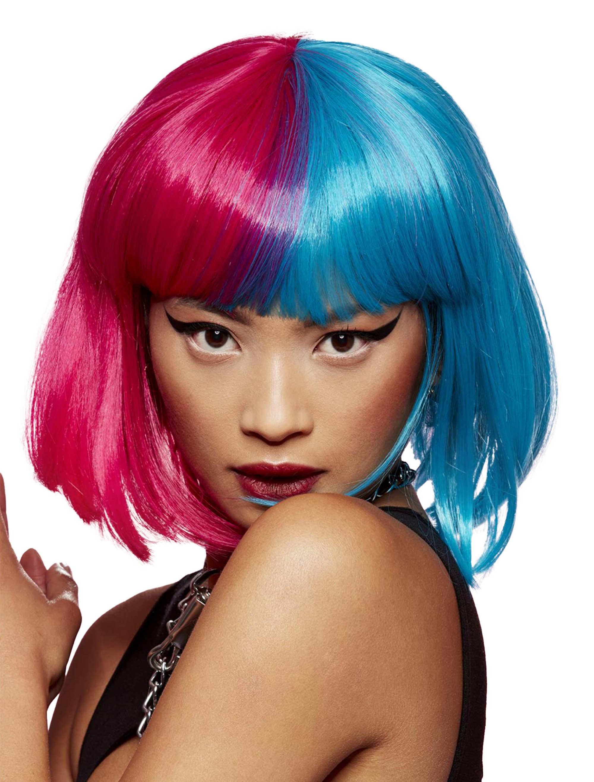 Perücke Bob mit Pony rot/blau
