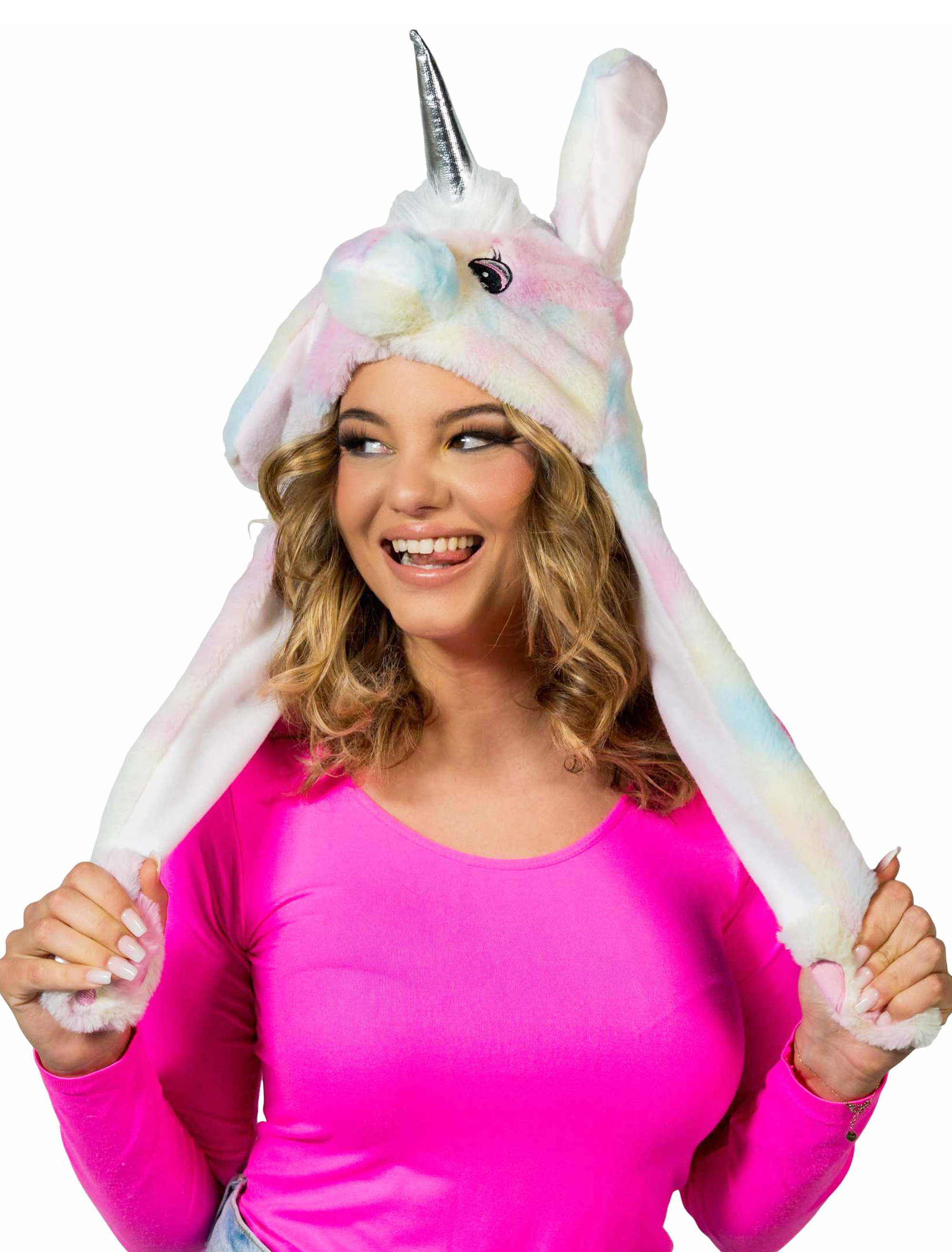 Mütze Plüsch Einhorn mit beweglichen Ohren rosa