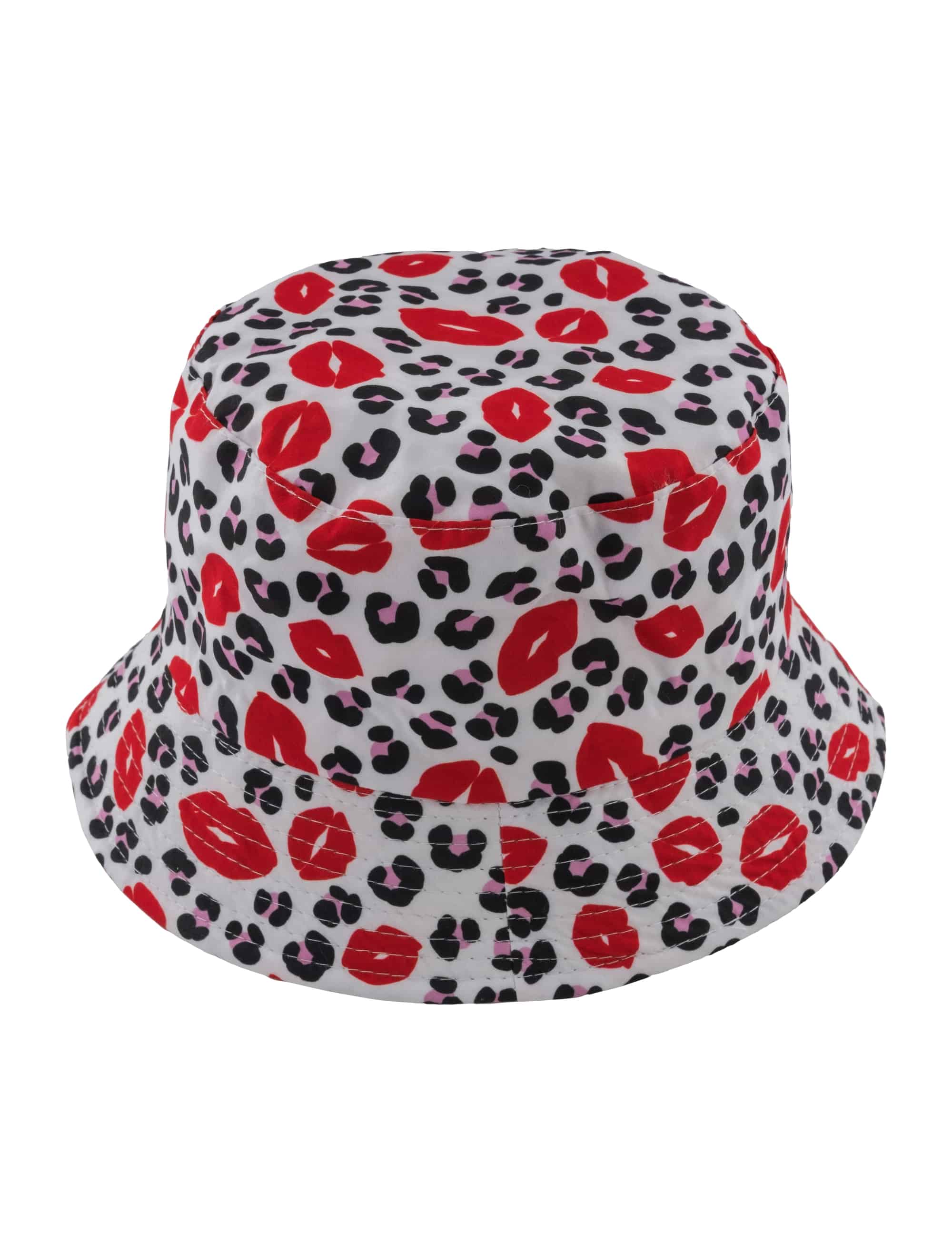 Fischerhut wendbar Lippen- und Leoprint schwarz/weiß/rot one size