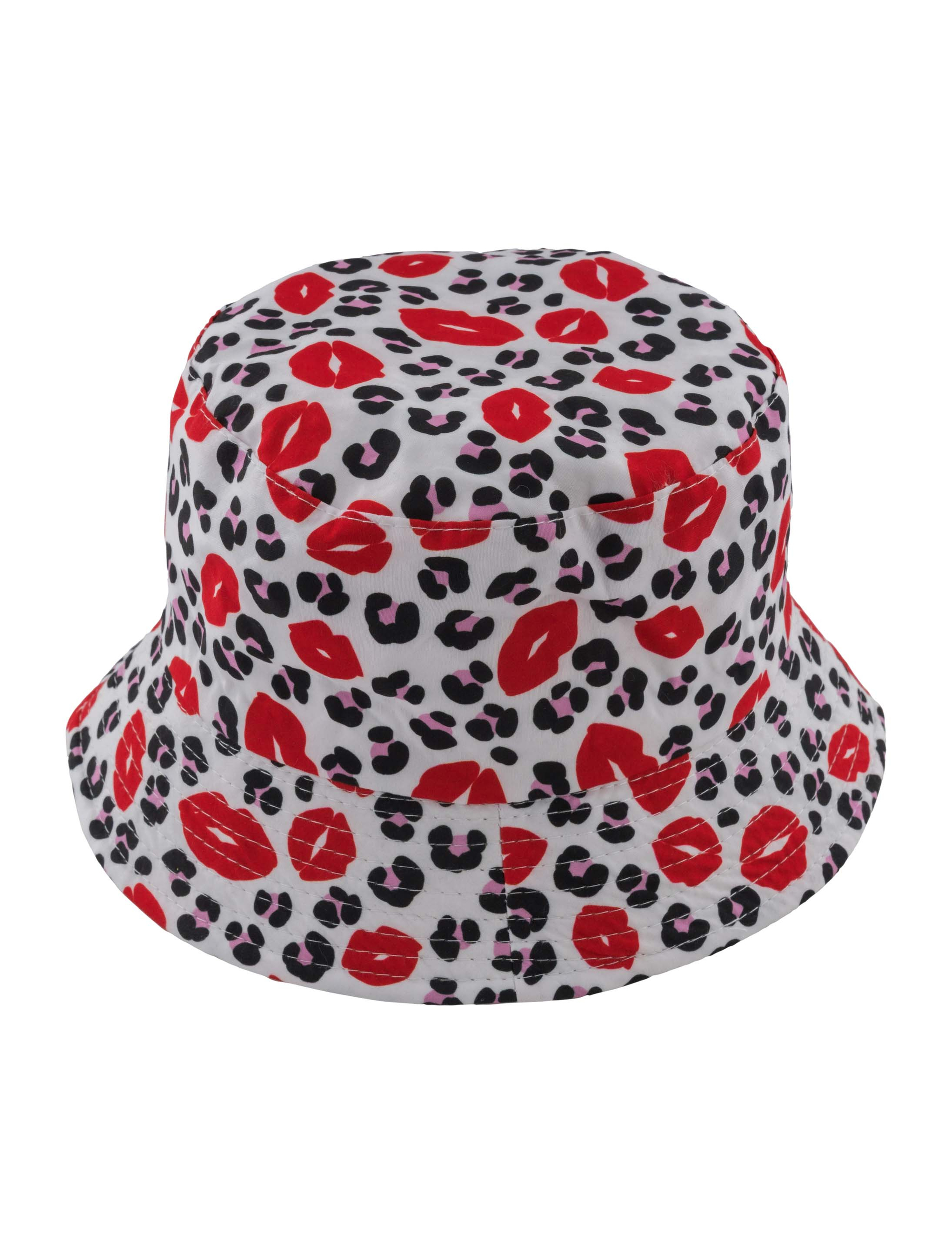 Fischerhut wendbar Lippen- und Leoprint schwarz/weiß/rot one size