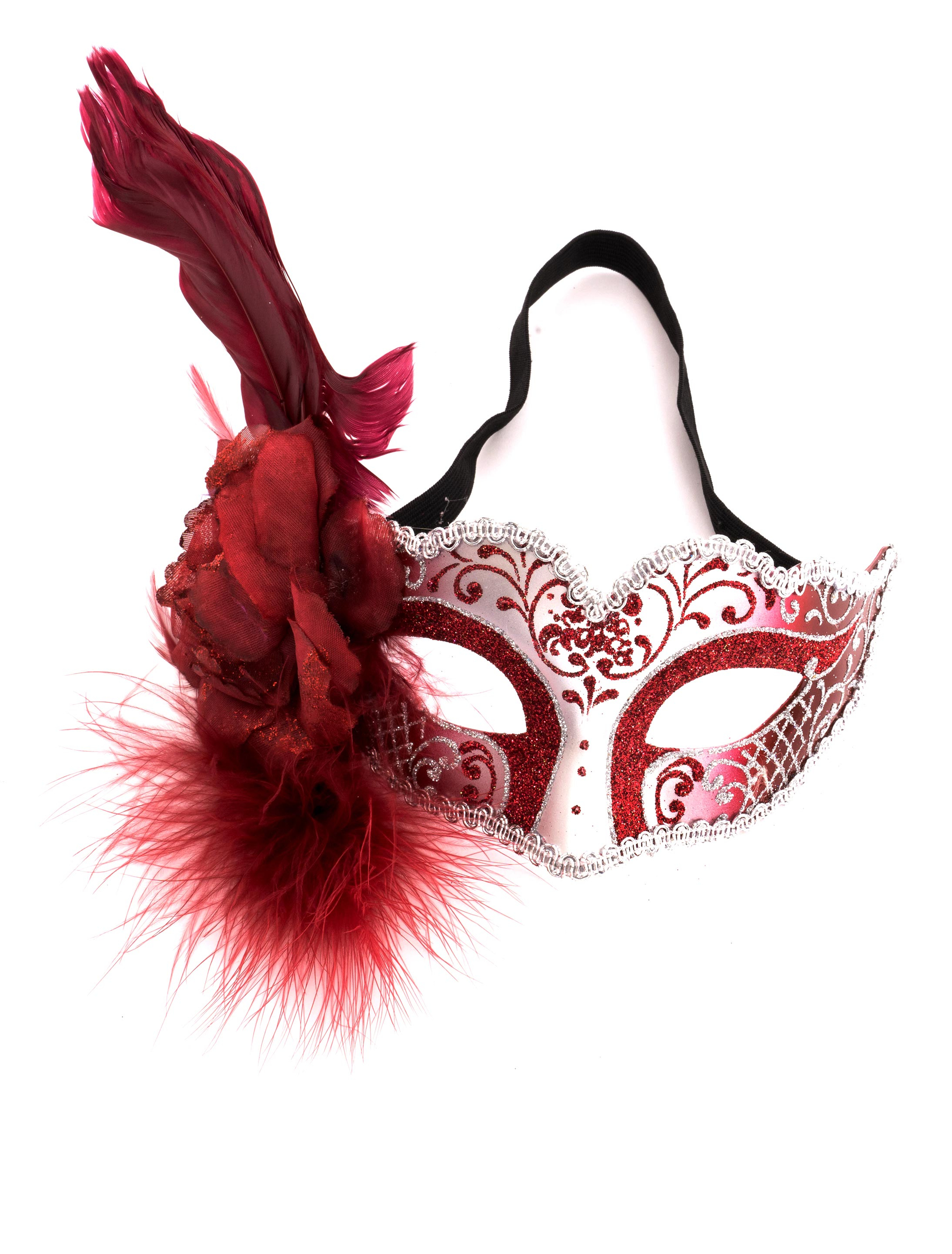 Augenmaske rot/silber mit Blume und Feder