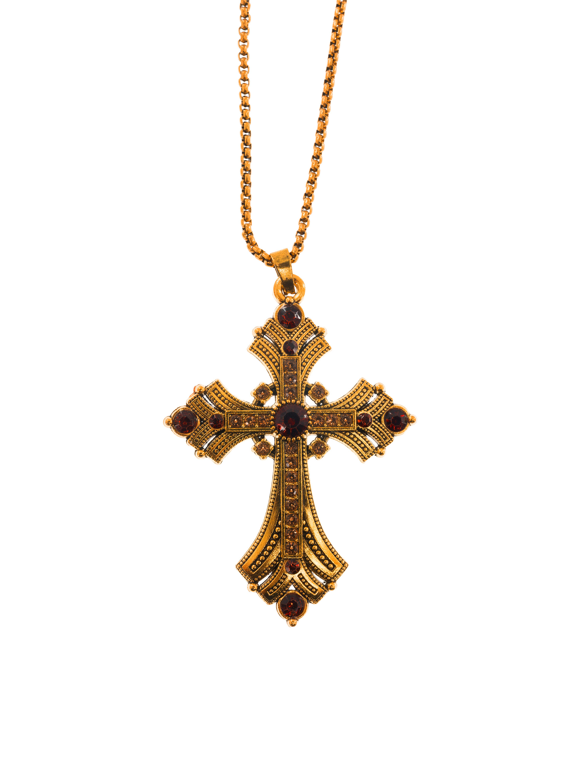 Halskette Kreuz mit Steinen rot/gold
