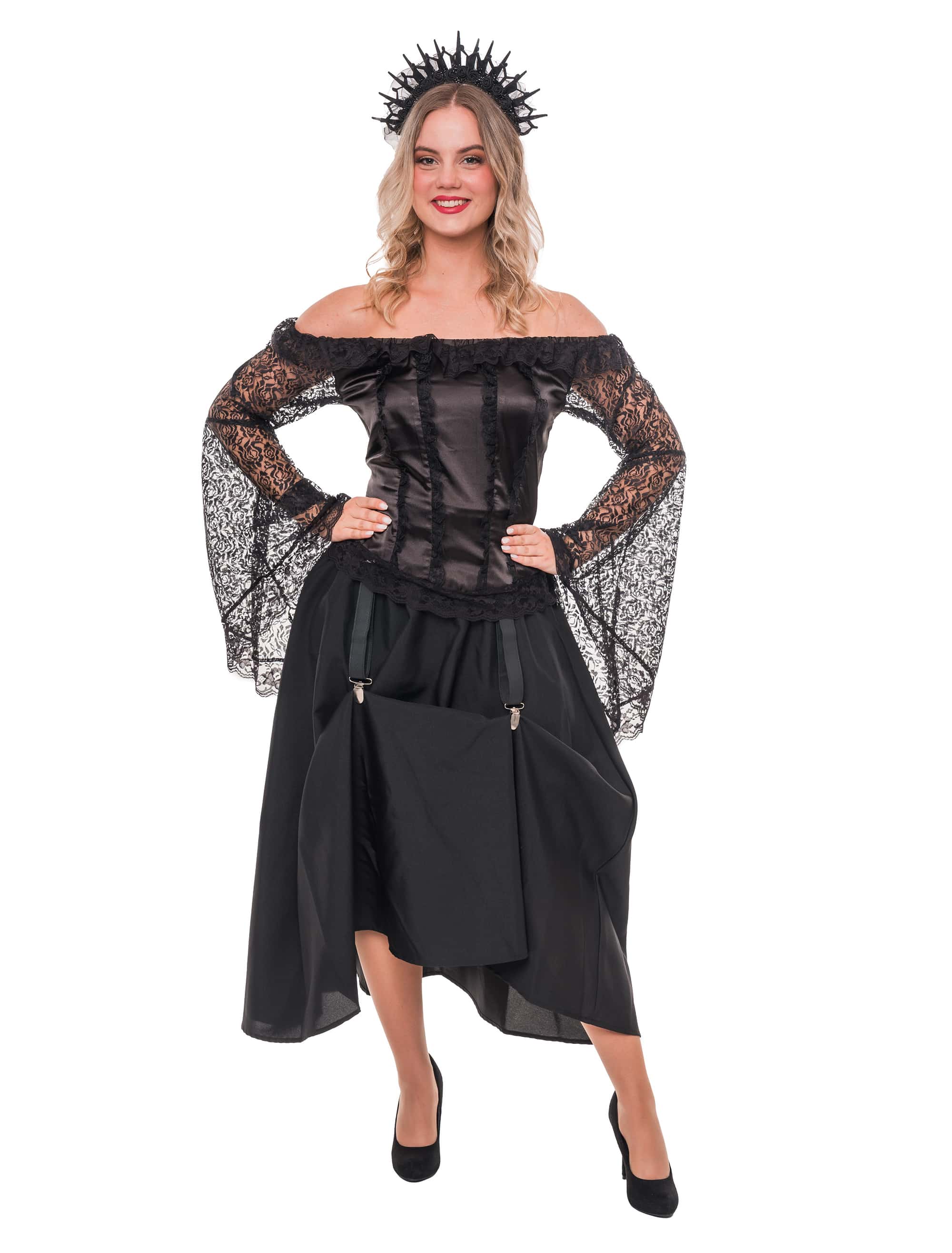 Bluse schulterfrei mit weiten Spitzenärmeln Damen schwarz XL