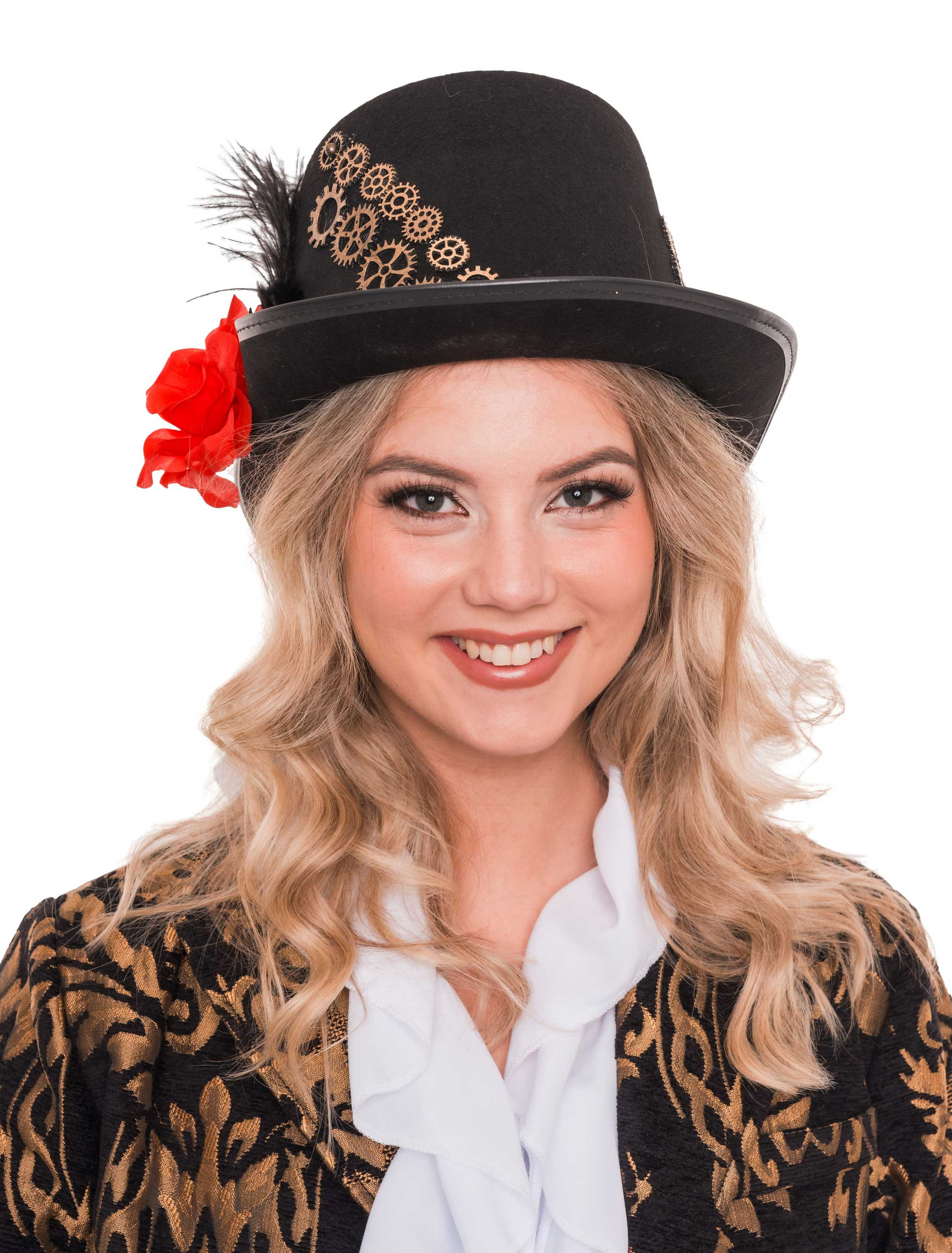 Zylinder mit Zahnrädern, Federn und Blume schwarz 59