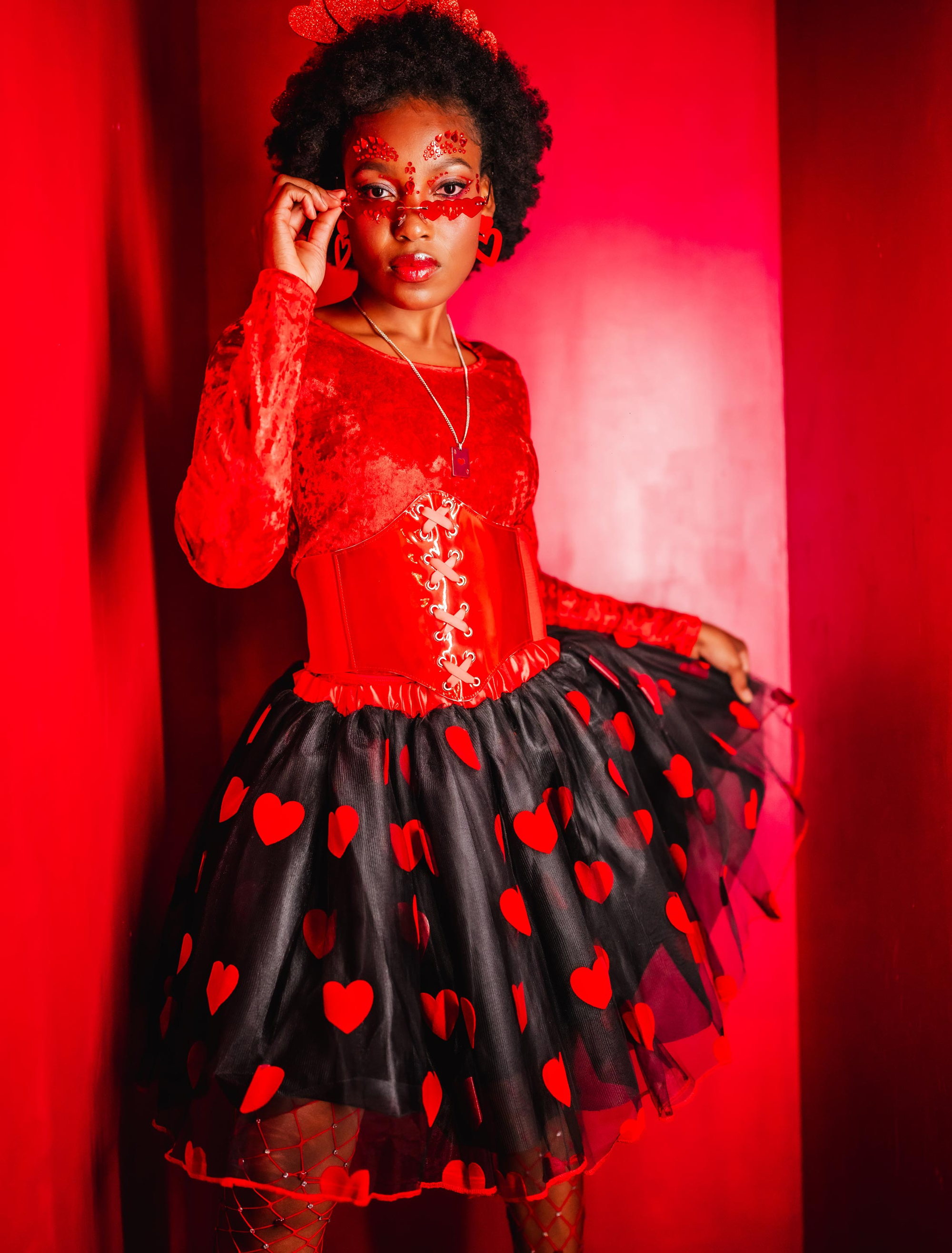 Tüllrock Herzen Damen schwarz/rot one size