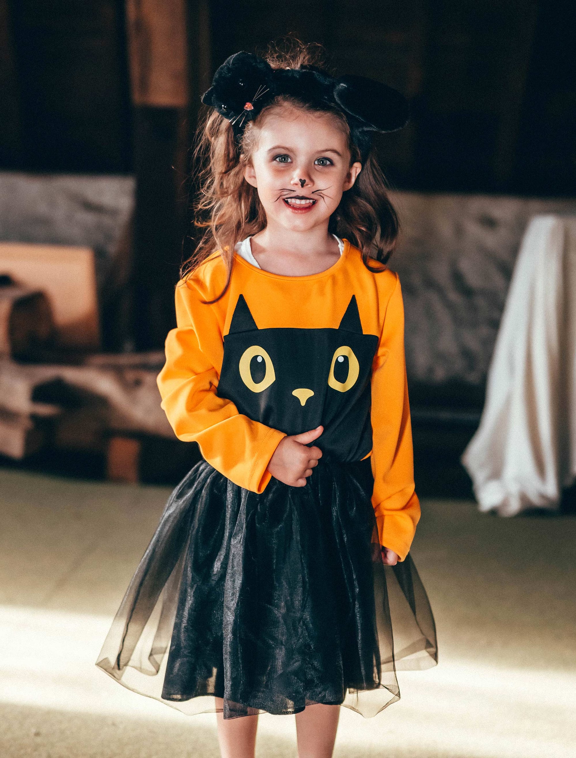 Kleid Katze Kinder schwarz/orange 128