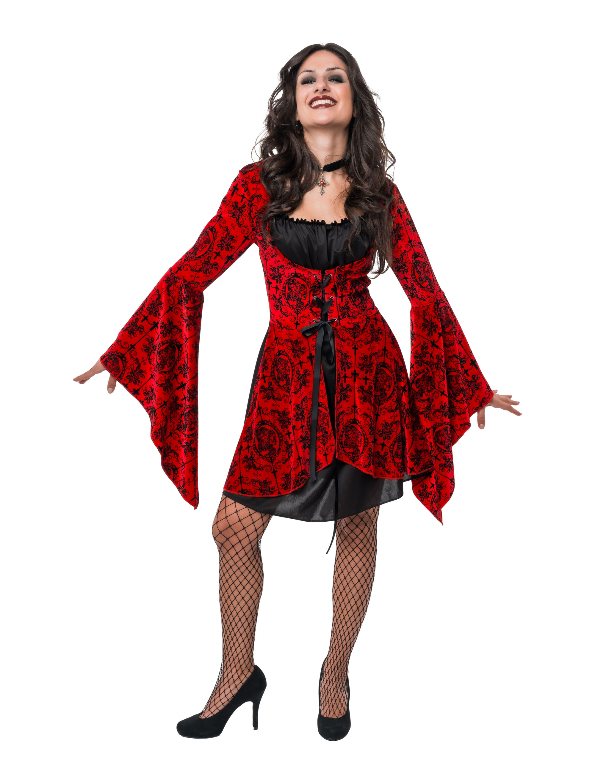 Kleid Vampir mit Trompetenärmeln Damen rot/schwarz S/M
