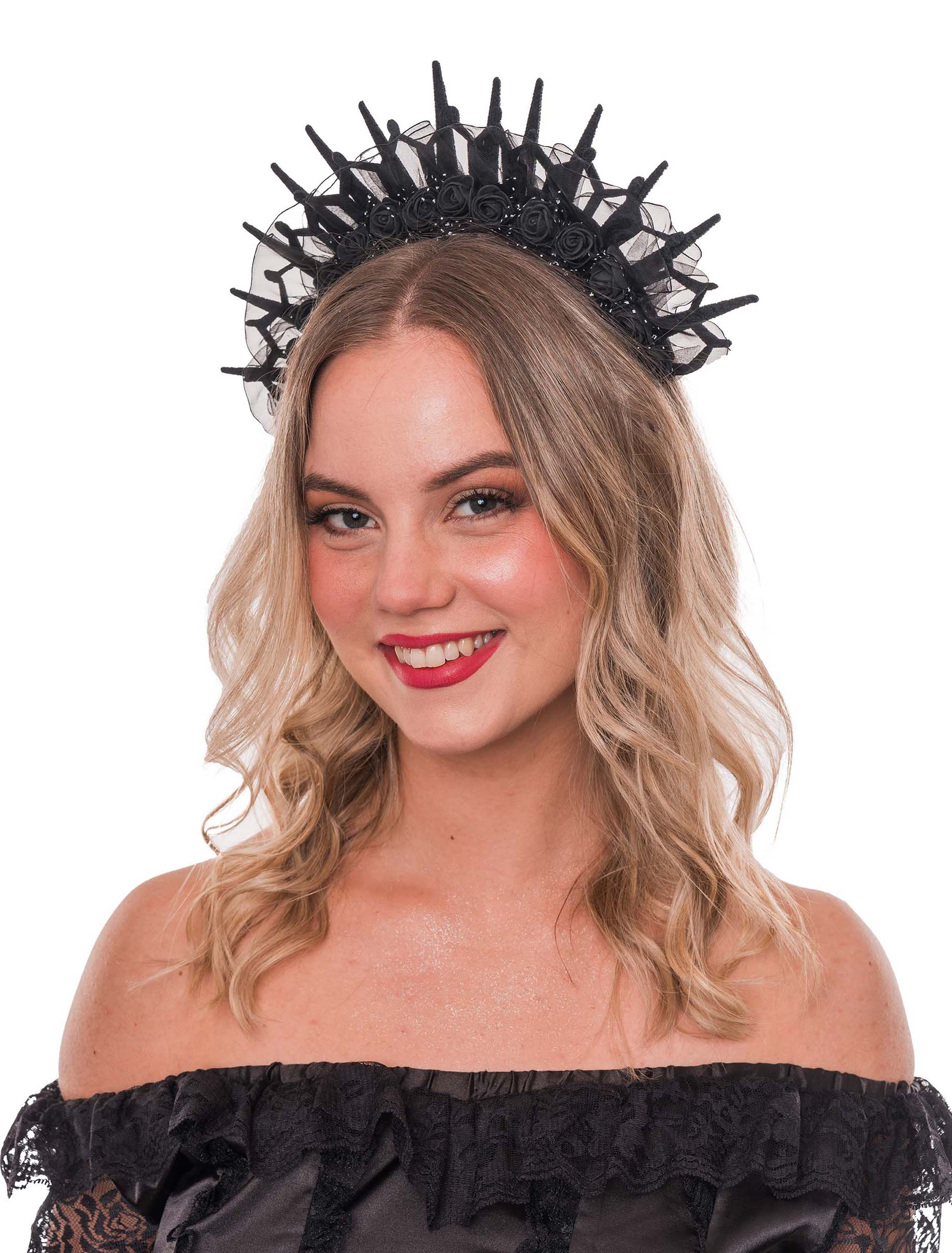 Haarreif Gothic mit Tüll und Blumen schwarz