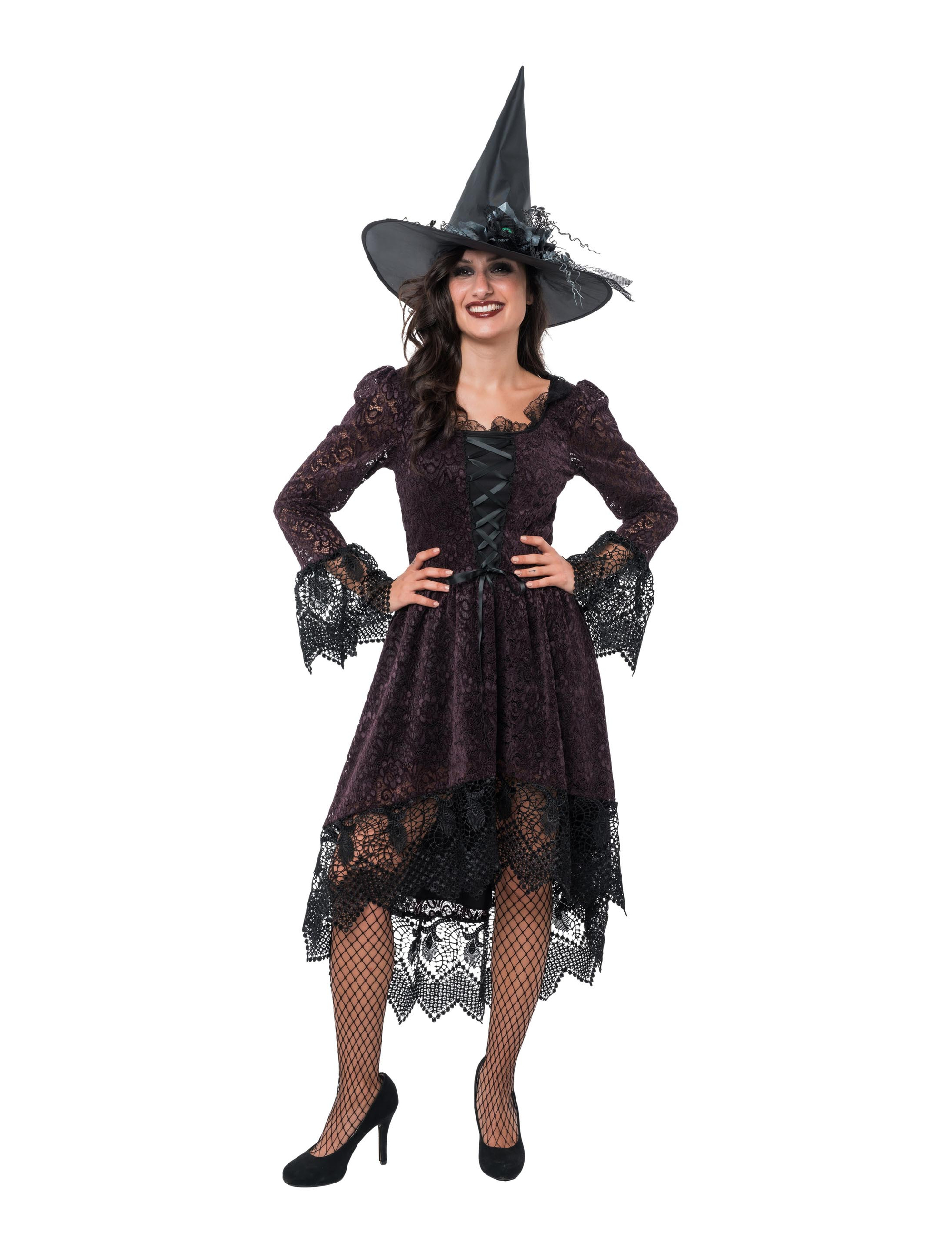 Spitzenkleid Hexe mit Schnürung Damen lila/schwarz S