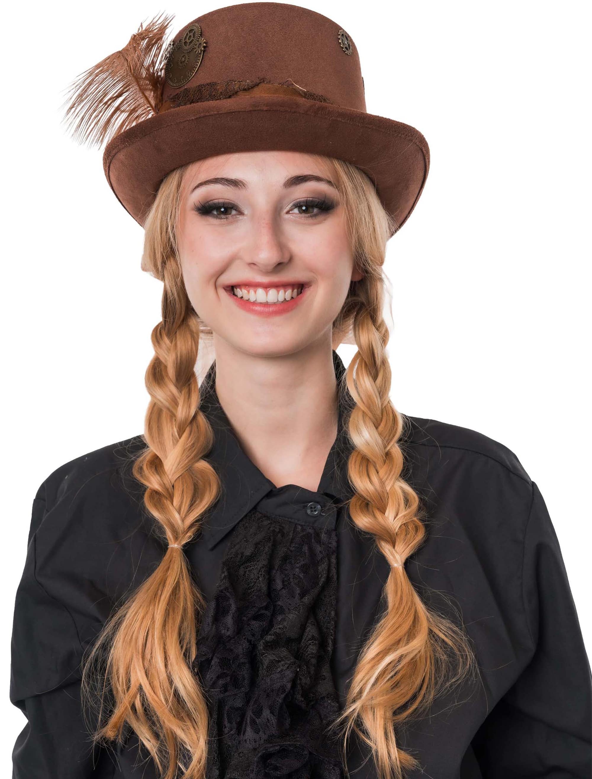 Zylinder Steampunk mit Federn braun 58