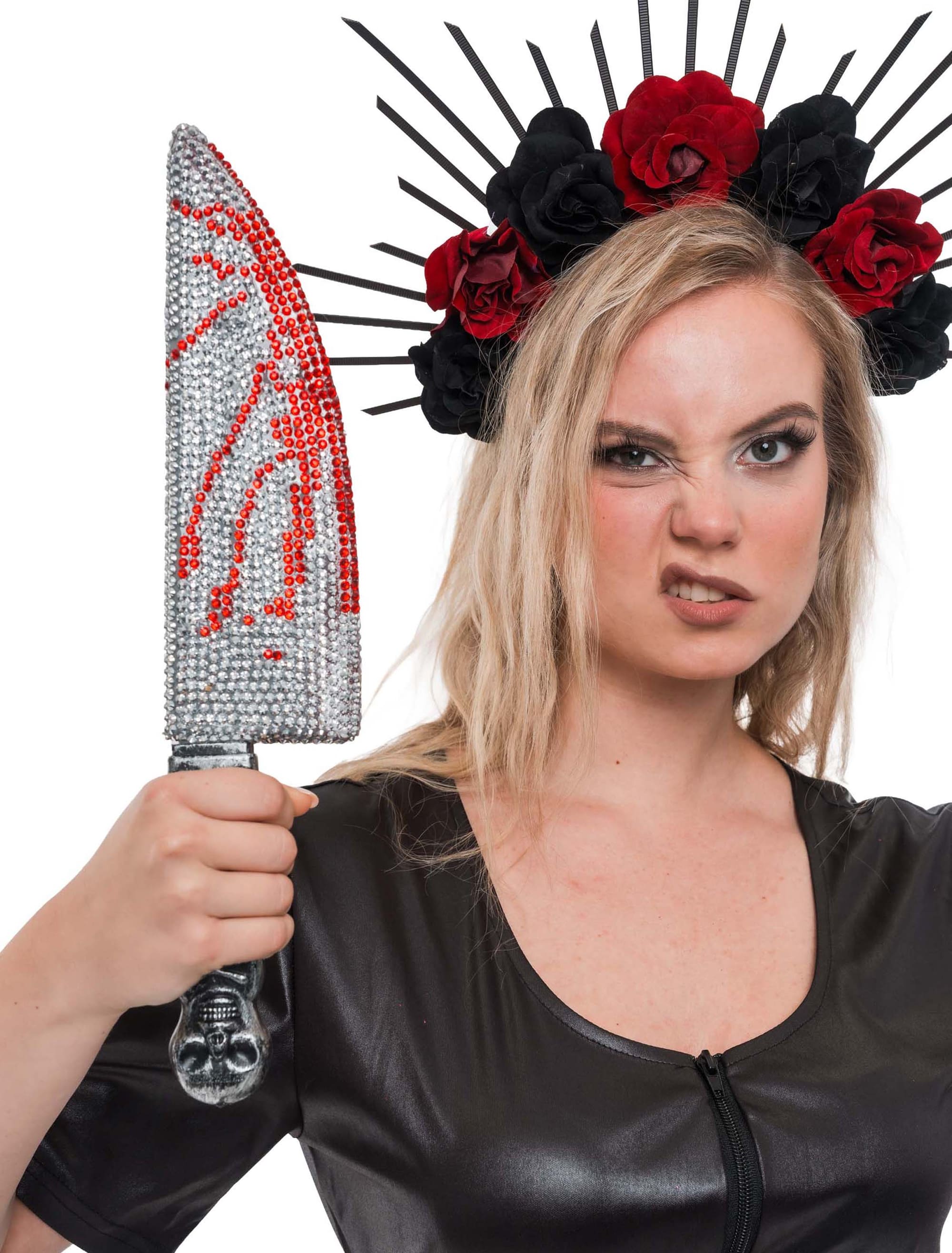 Messer mit Strass 38cm Blutspritzer schwarz/silber