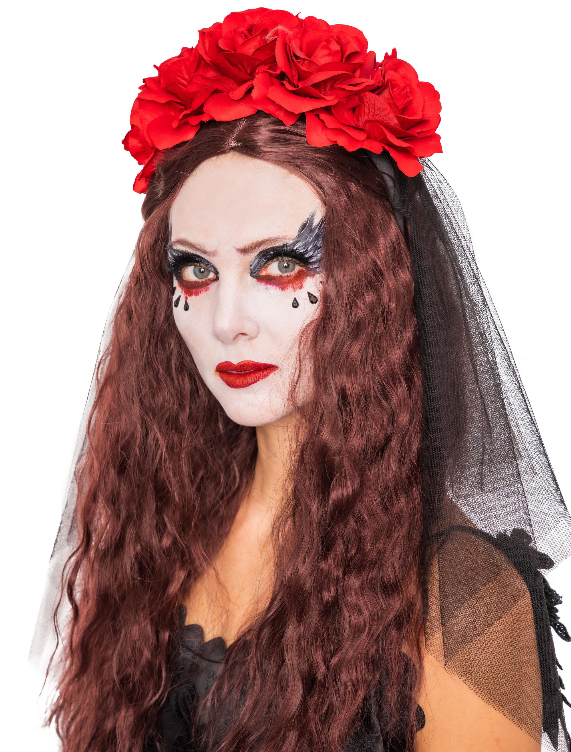 Haarreif Blumen rot mit Schleier schwarz