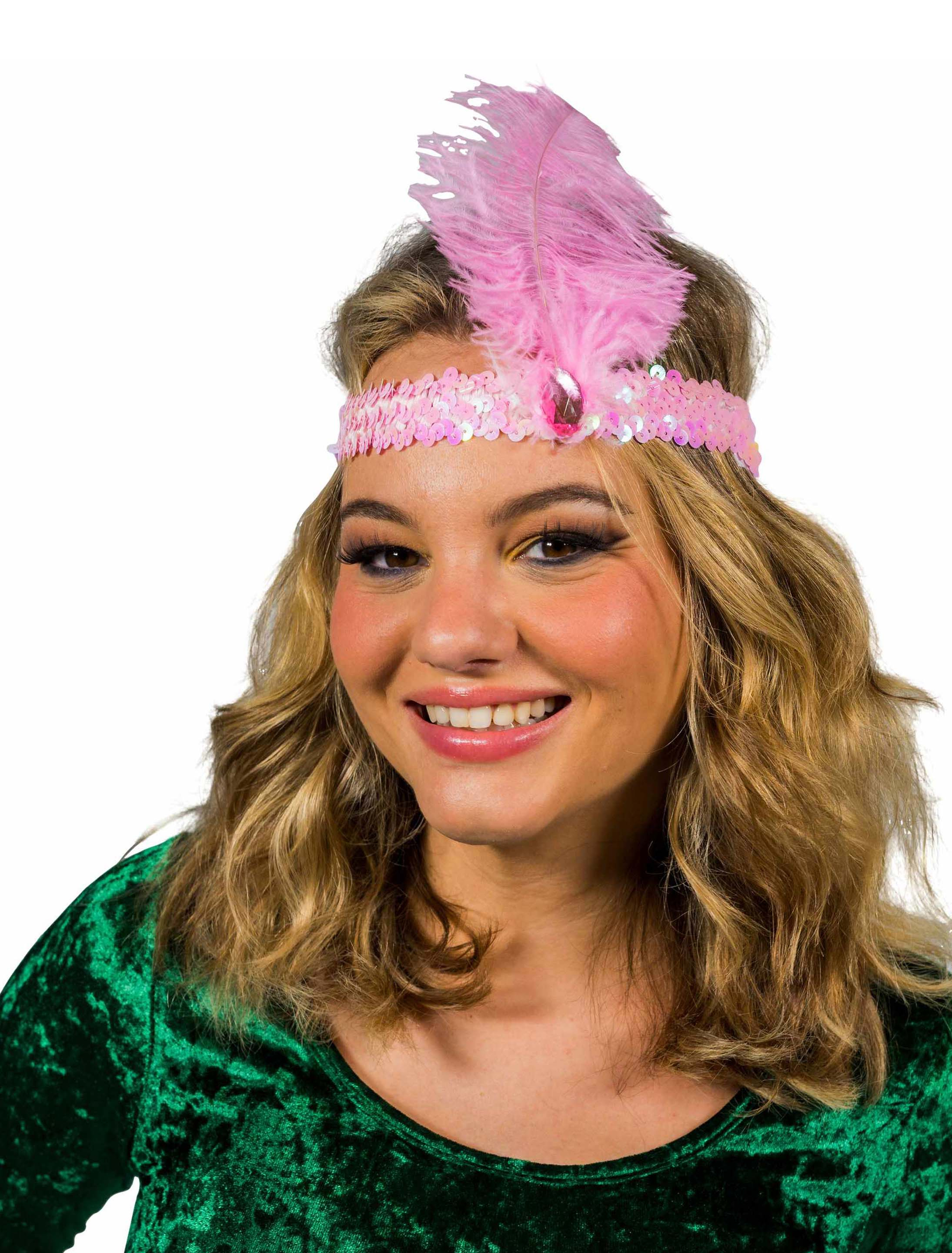 Stirnband Pailletten mit Feder rosa