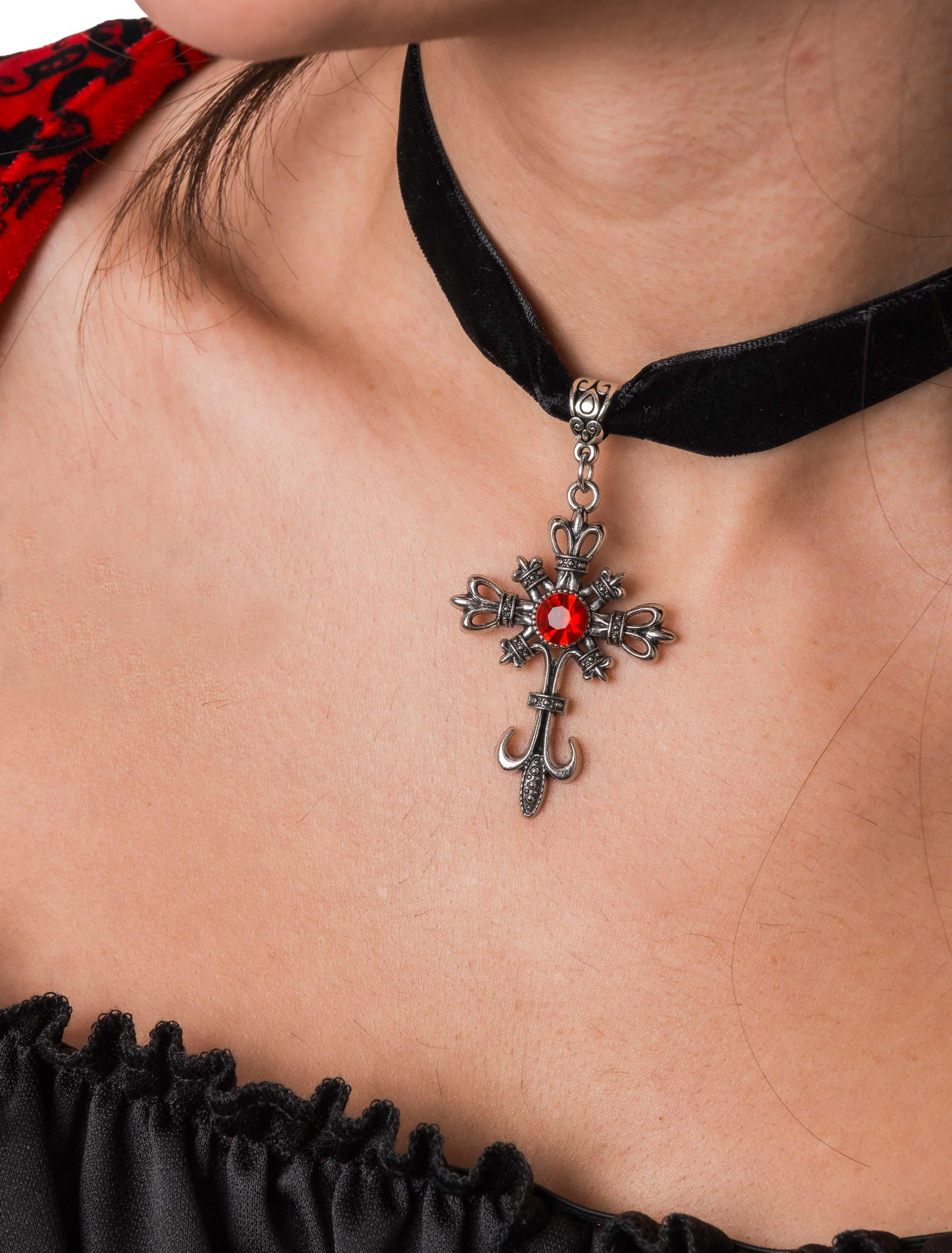Choker Kreuz mit Stein schwarz/silber
