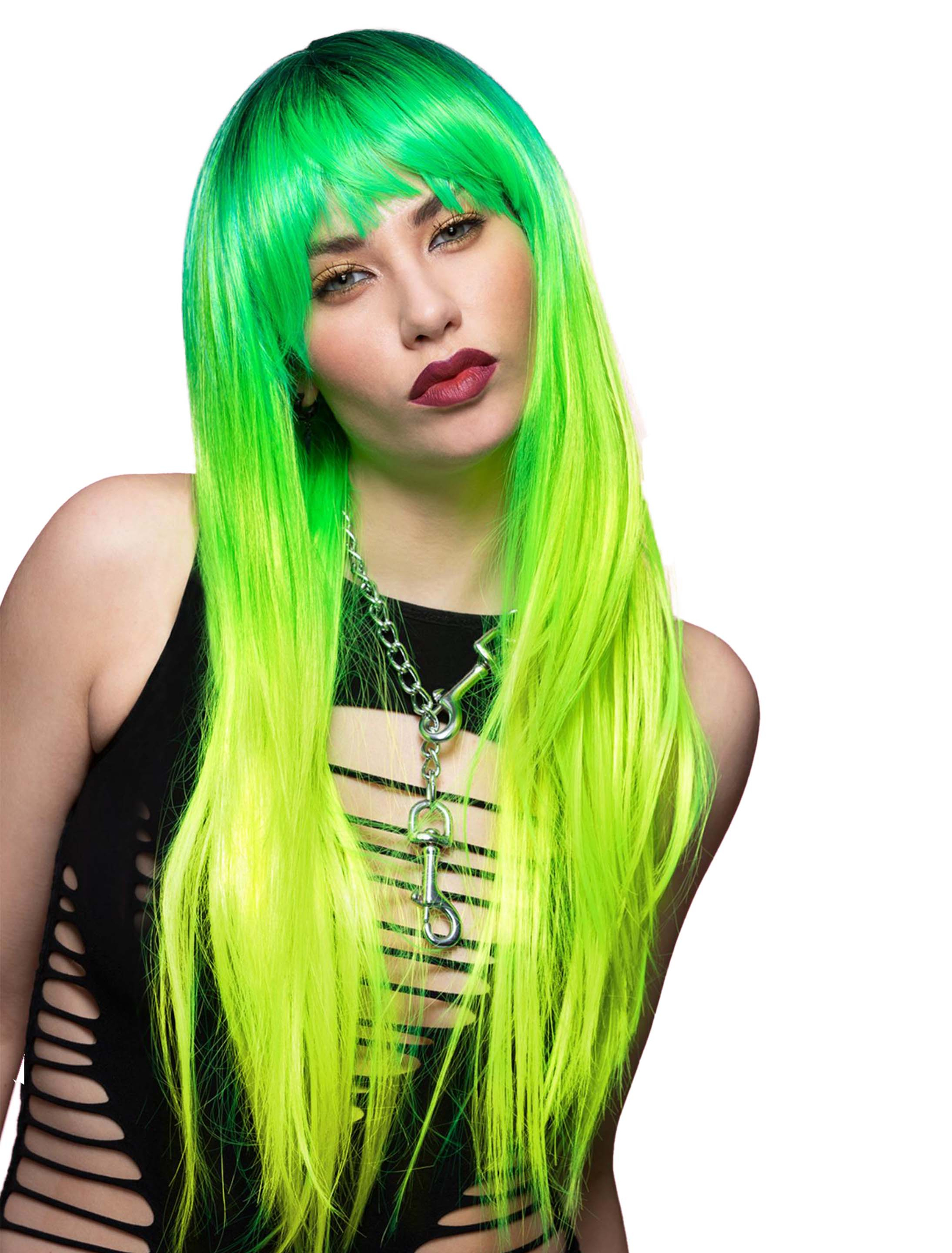Perücke Langhaar glatt mit Pony neongrün