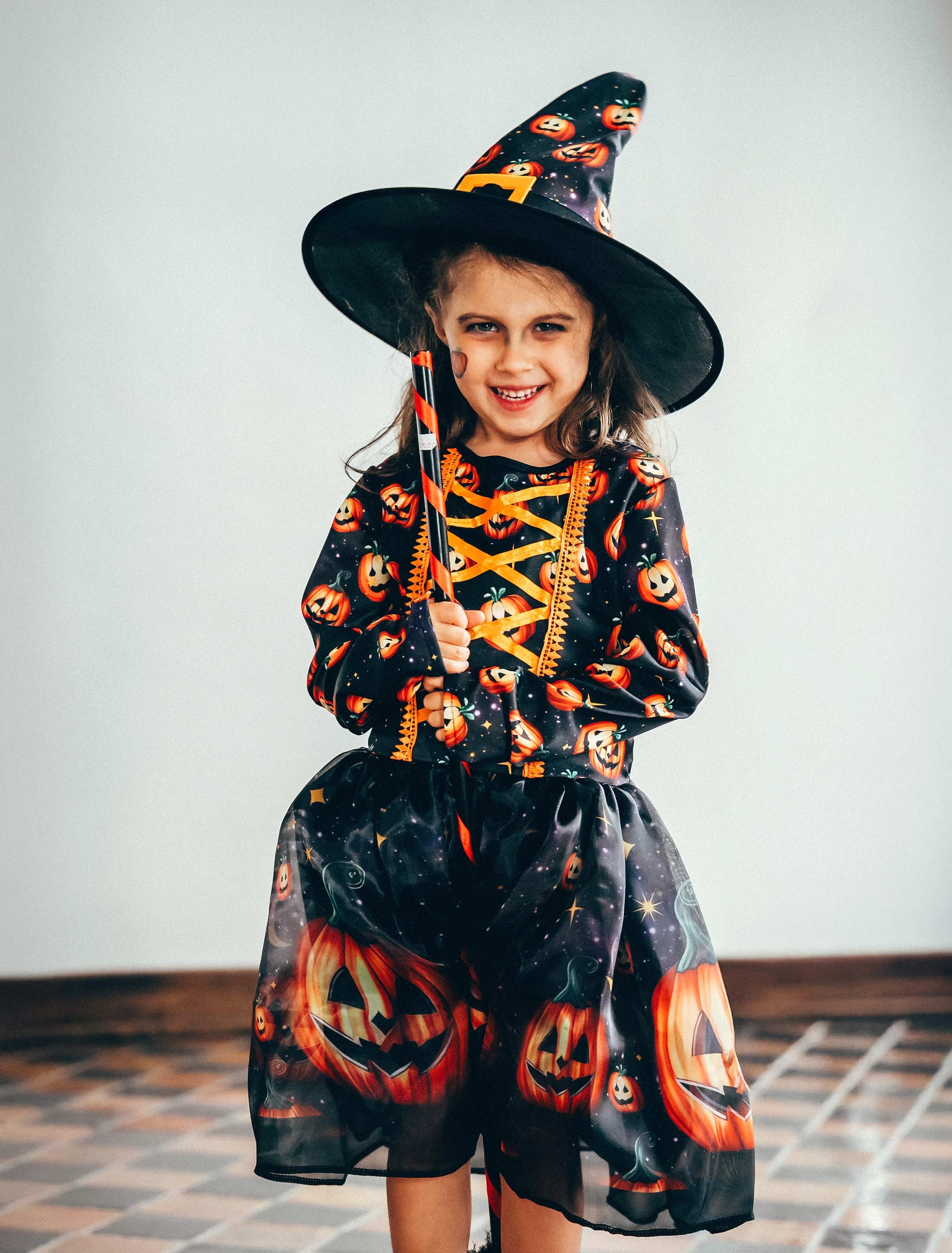 Kleid Hexe mit Kürbis Kinder schwarz/orange 116