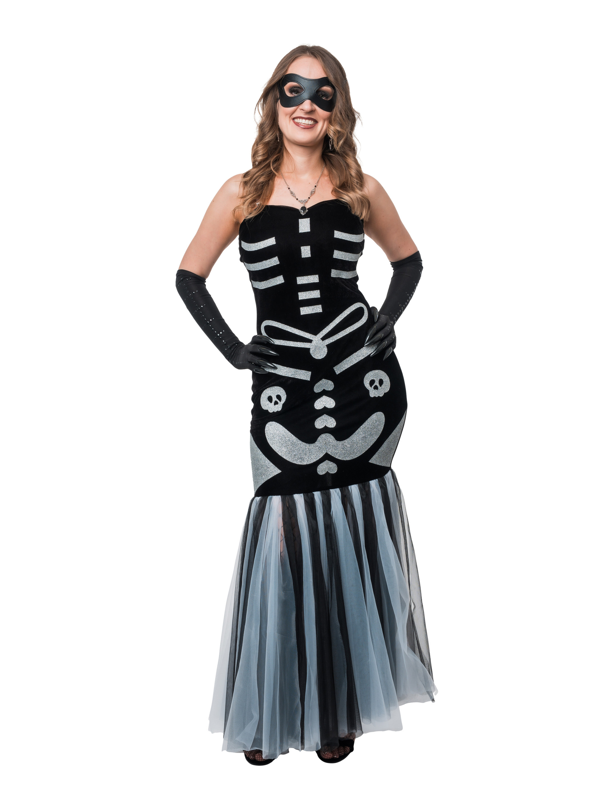 Kleid mit Skelett-Print Damen schwarz/silber S/M