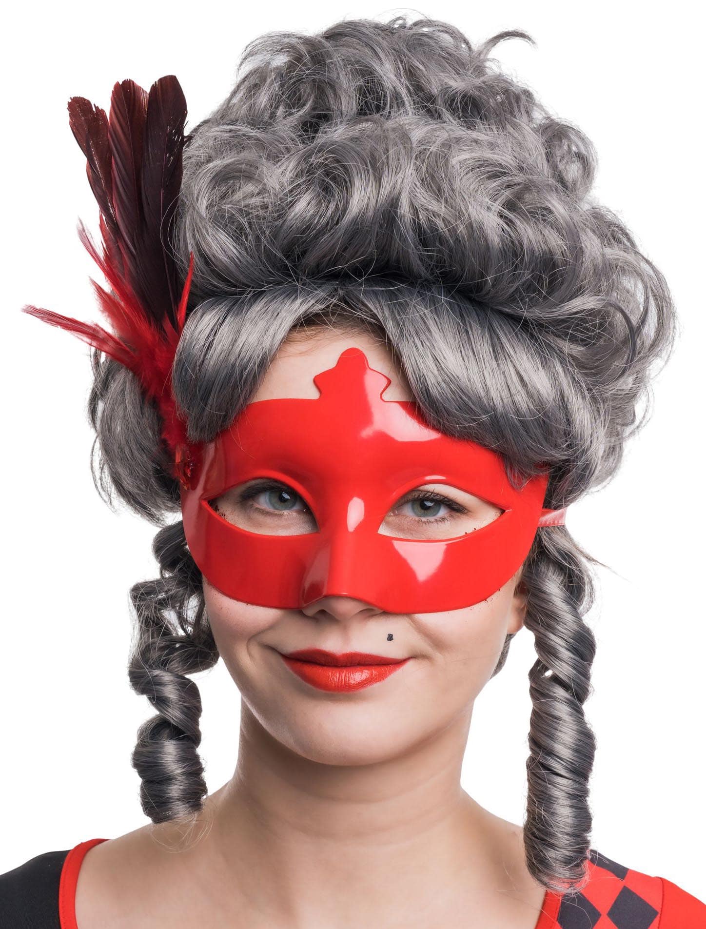 Augenmaske mit Federn Metallic rot