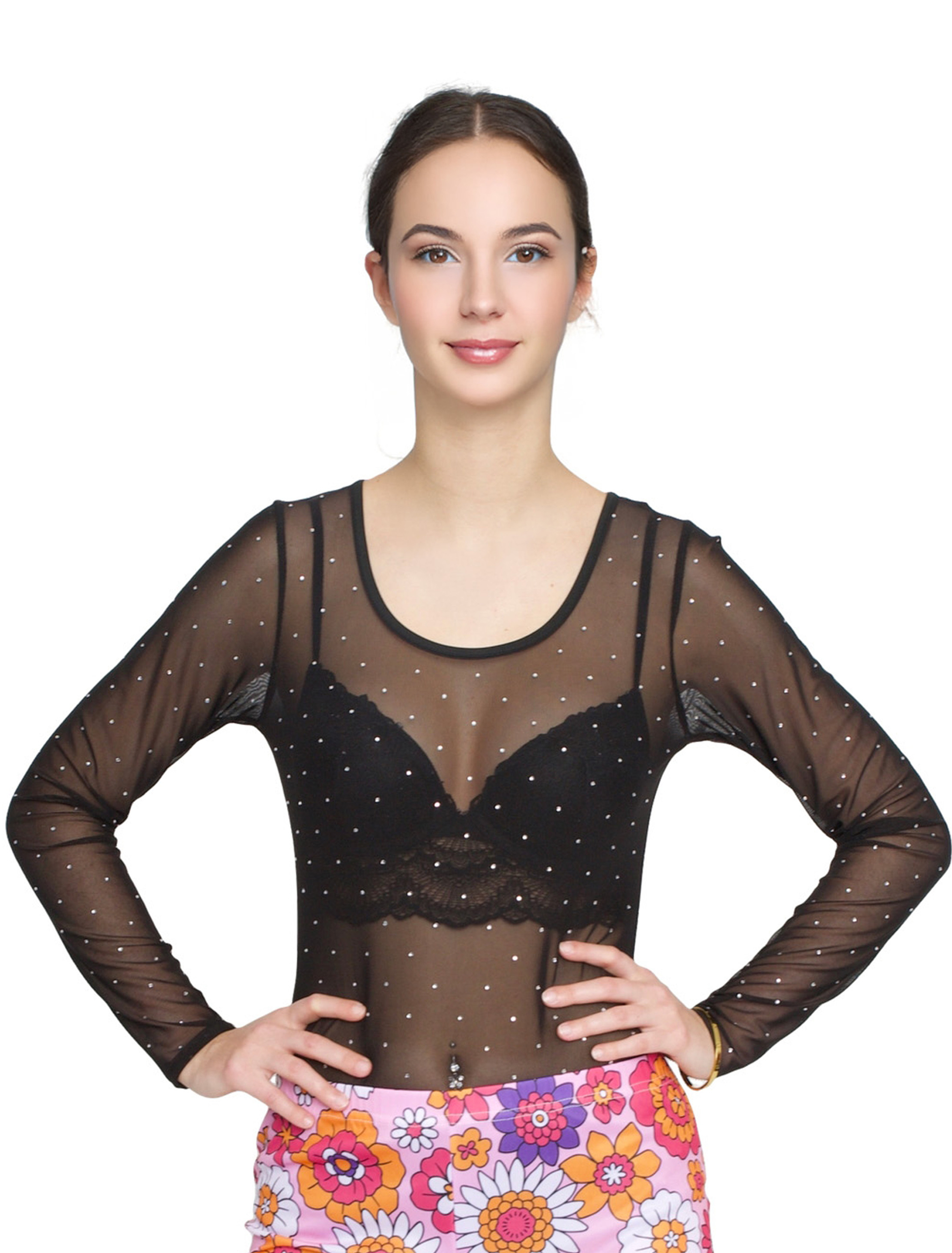 Body Mesh langarm mit Strass Damen schwarz L/XL