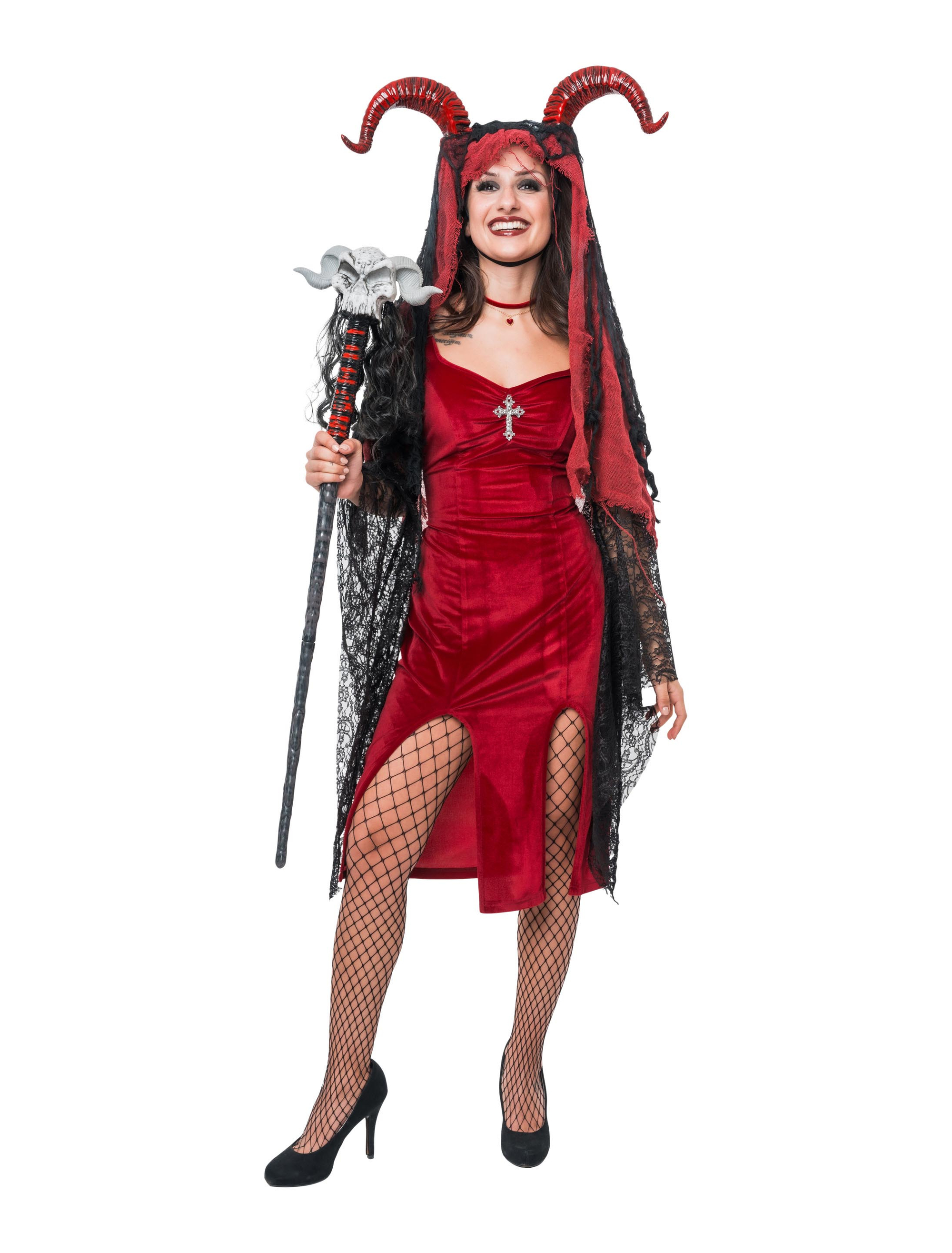 Kleid Samt Vampir mit Kreuz Damen rot/schwarz S/M