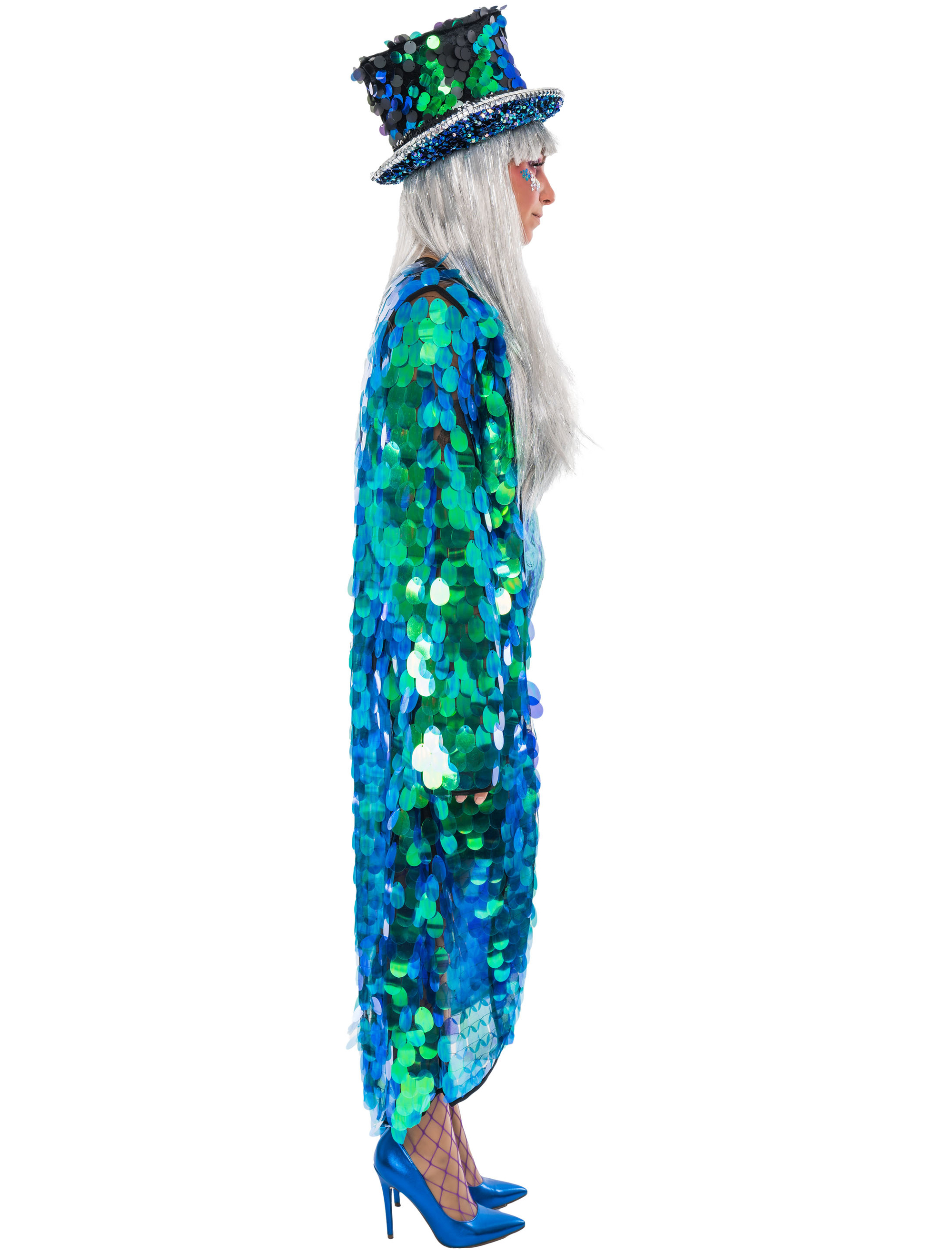 Mantel lang mit großen Pailletten blau/grün S/M