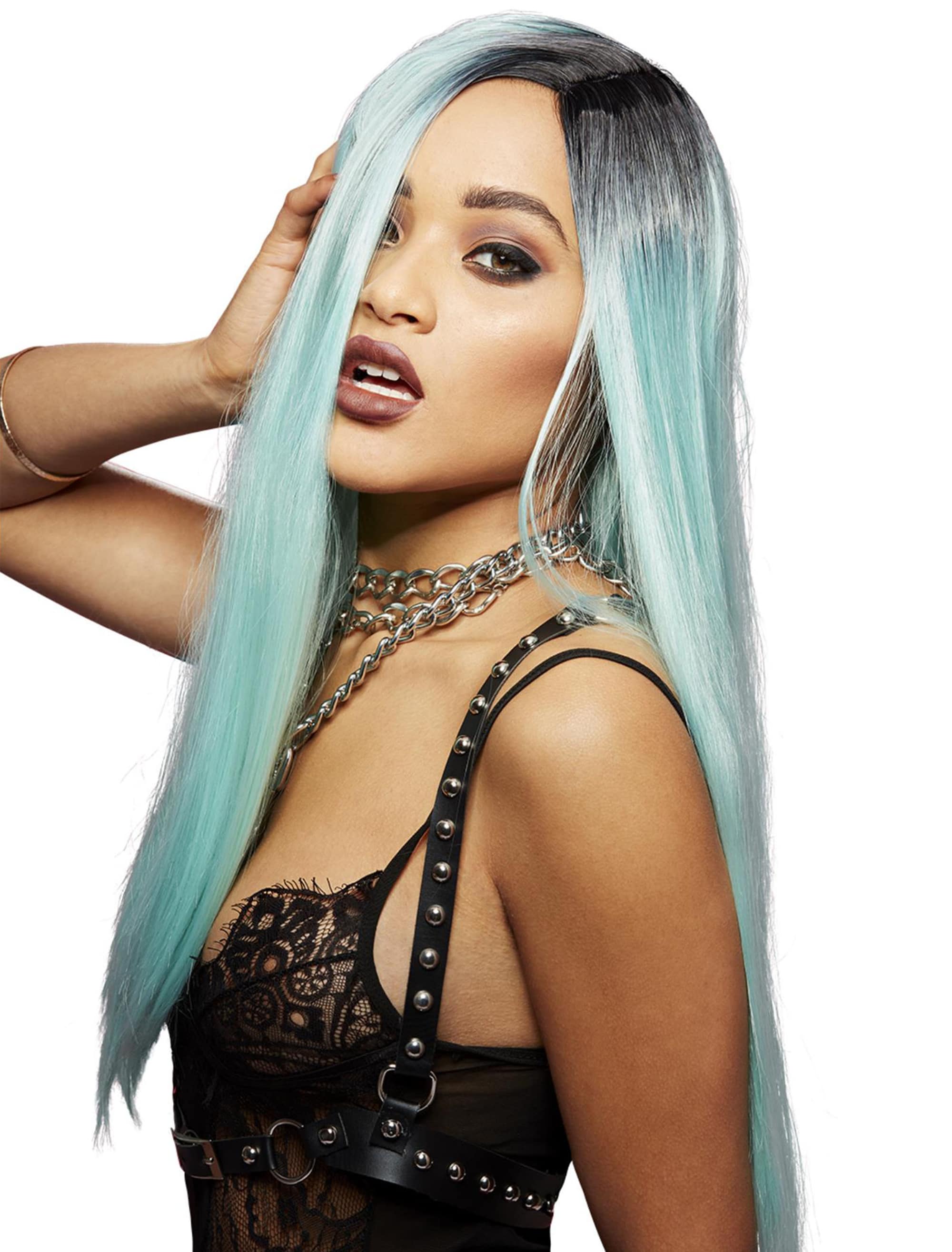 Perücke Langhaar glatt türkis/schwarz