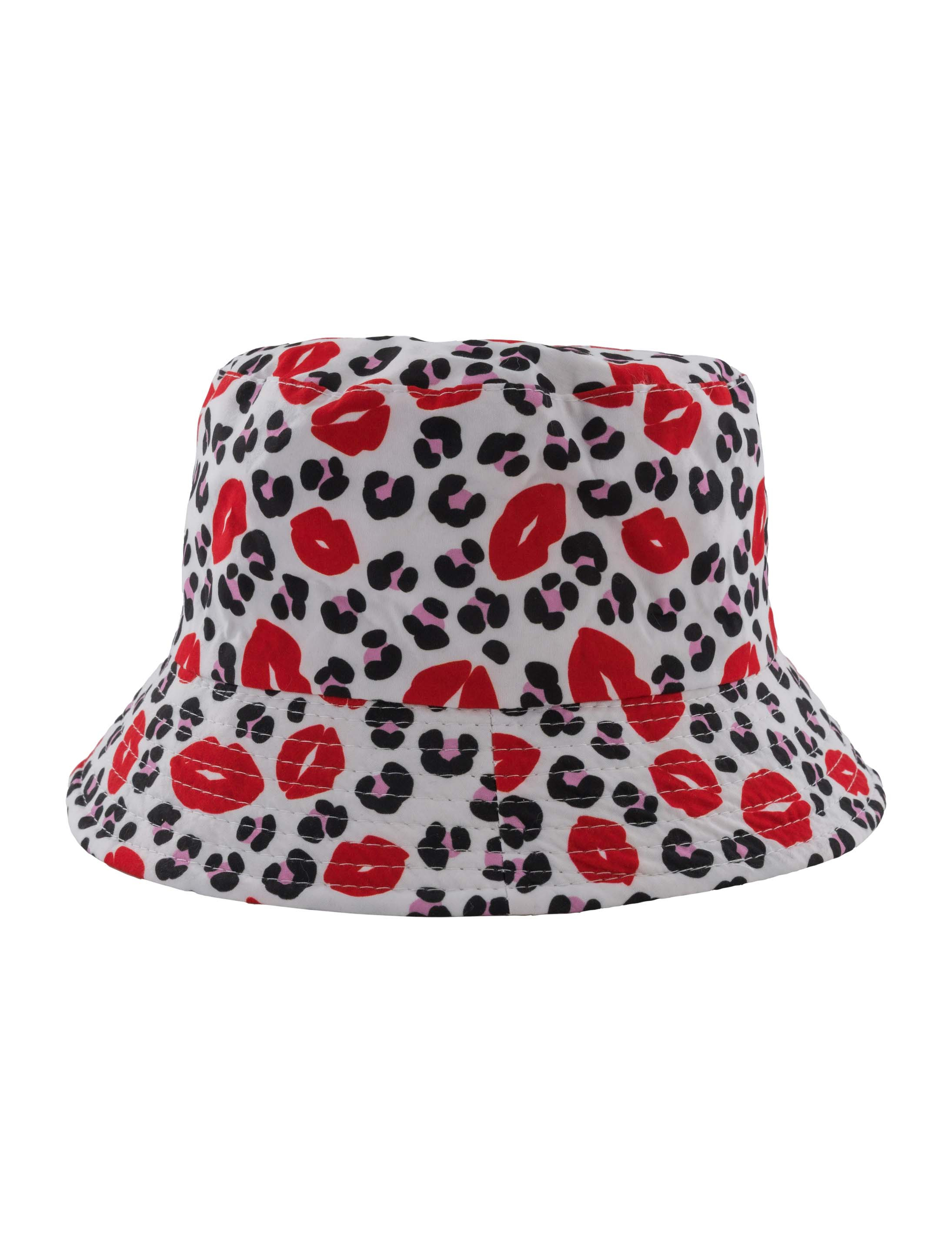 Fischerhut wendbar Lippen- und Leoprint schwarz/weiß/rot one size