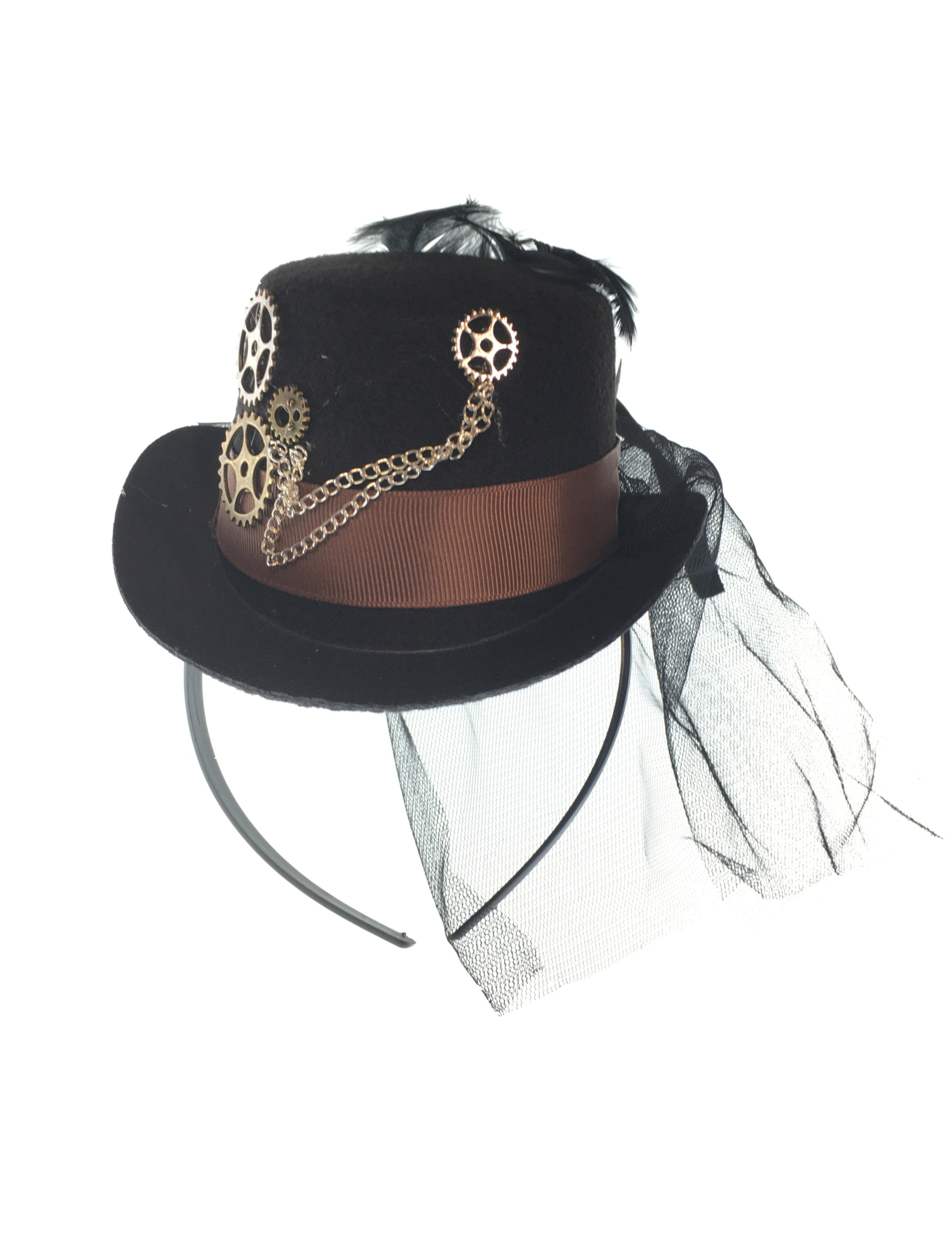 Haarreif Mini Hut Steampunk mit Tüll schwarz