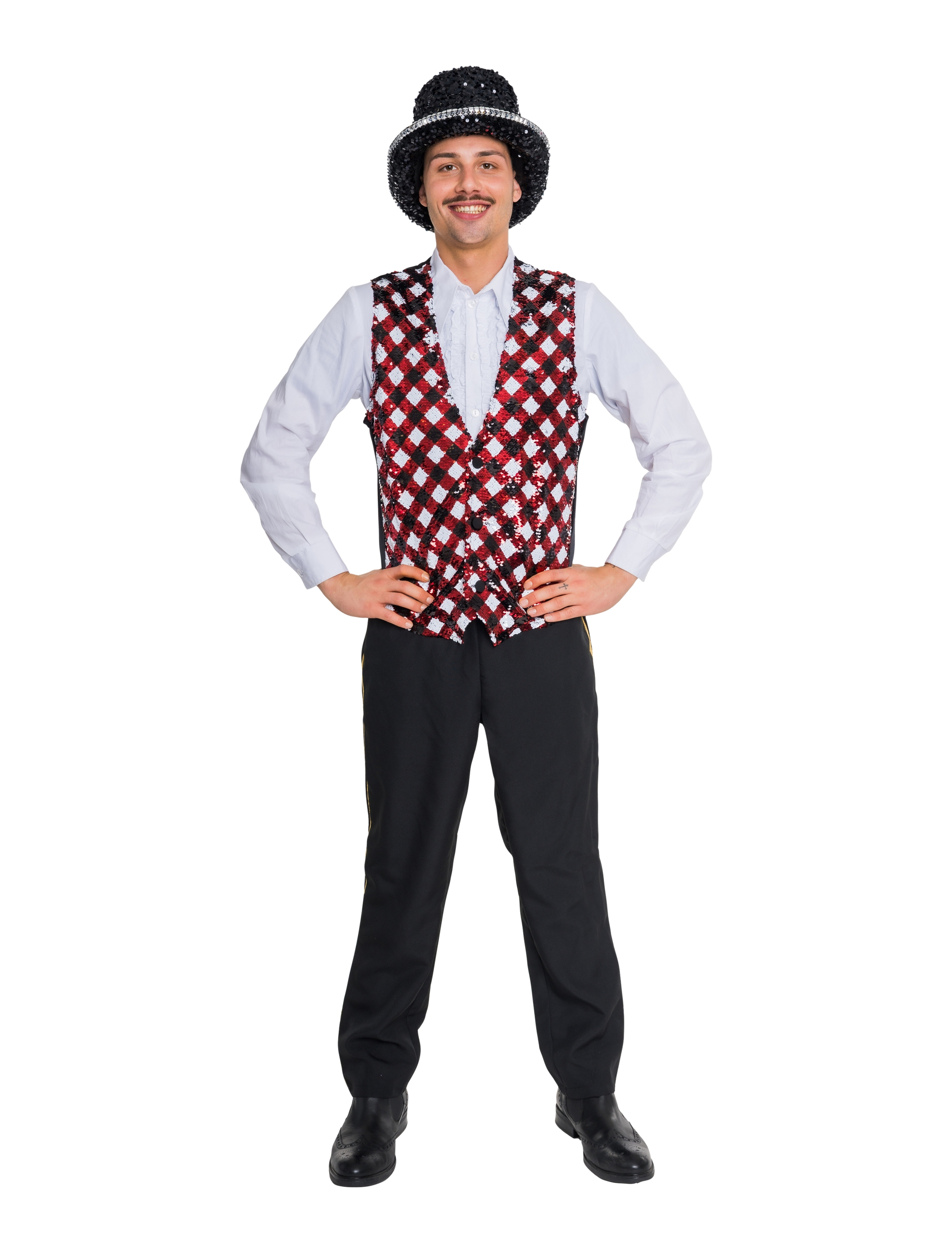 Weste Karos mit Pailletten Herren schwarz/weiß/rot S/M