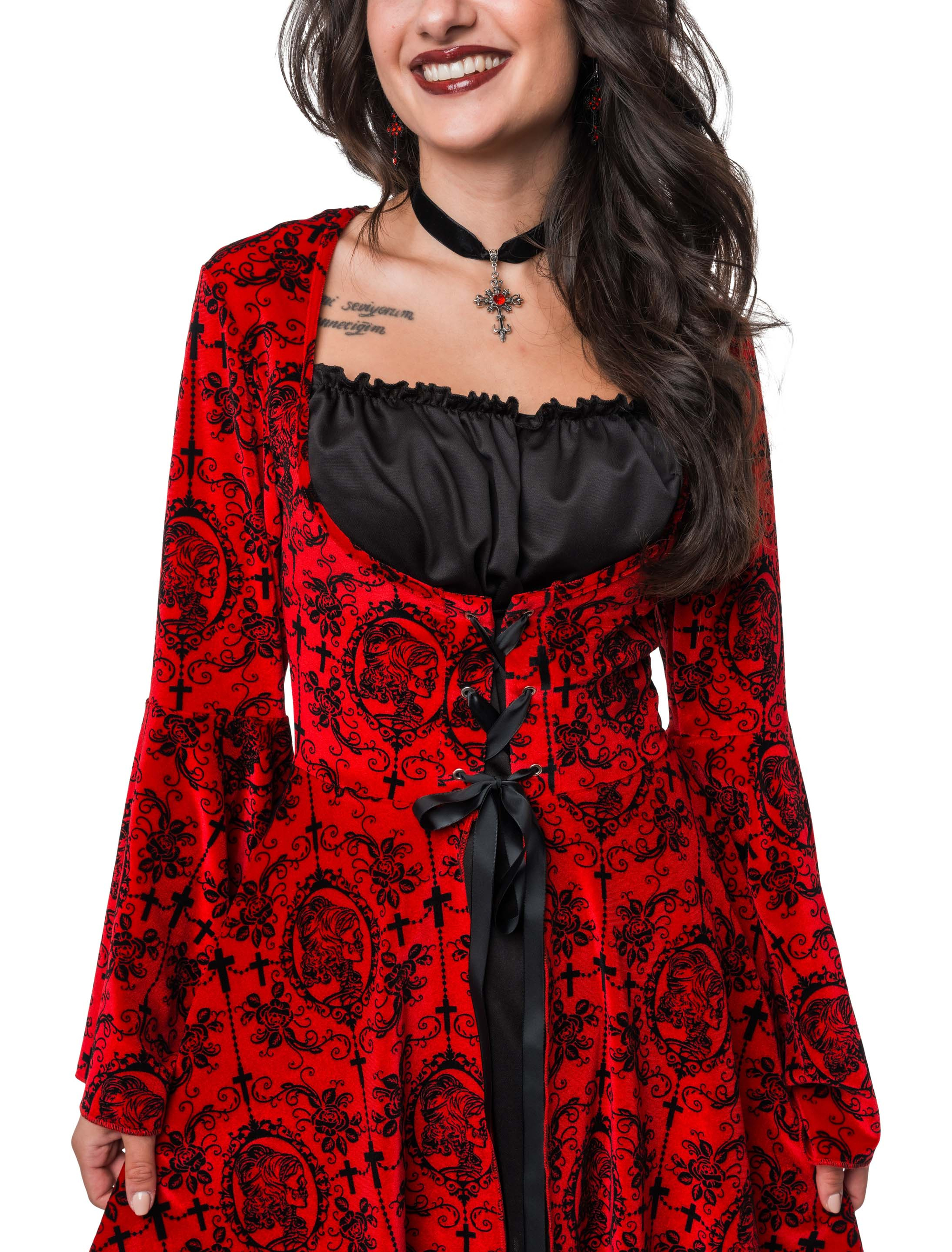 Kleid Vampir mit Trompetenärmeln Damen rot/schwarz S/M