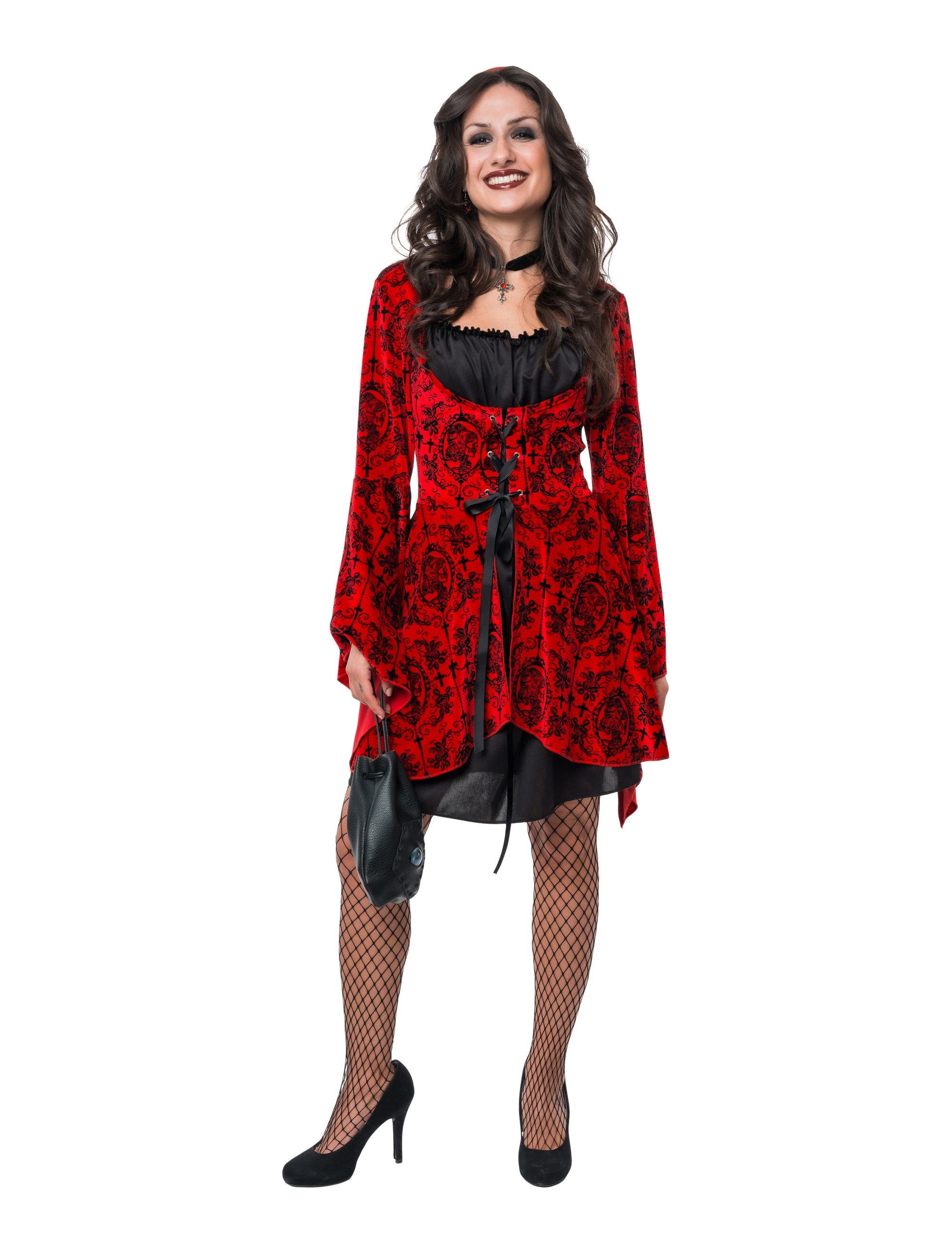 Kleid Vampir mit Trompetenärmeln Damen rot/schwarz S/M