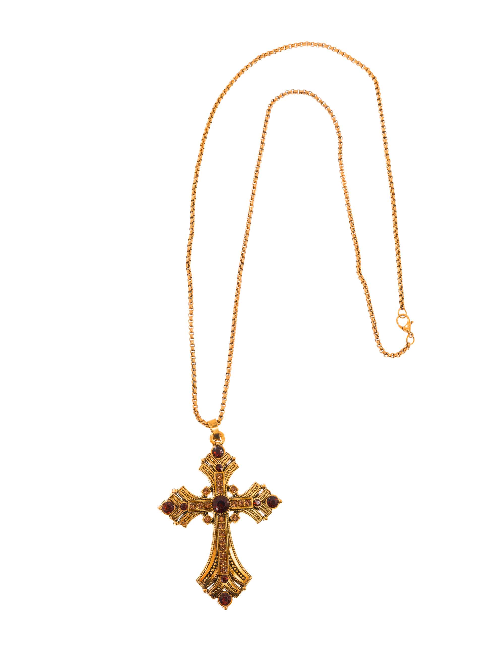 Halskette Kreuz mit Steinen rot/gold