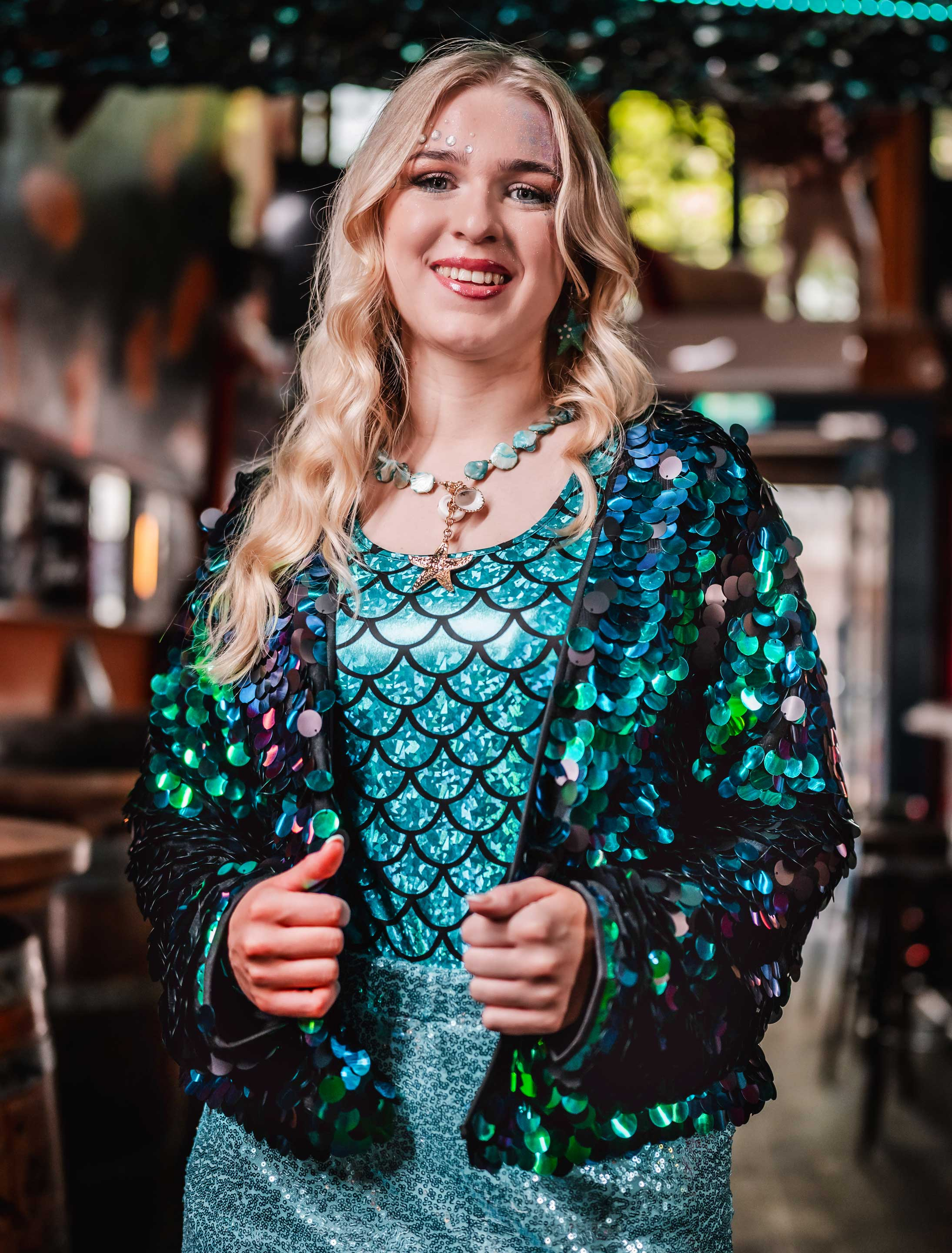 Jacke kurz mit großen Pailletten Damen blau/grün S/M