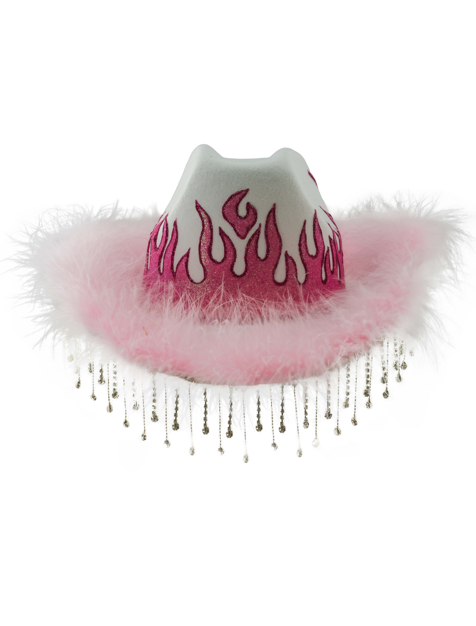 Cowboyhut Flammen mit Federn und Strassketten rosa/weiß 59